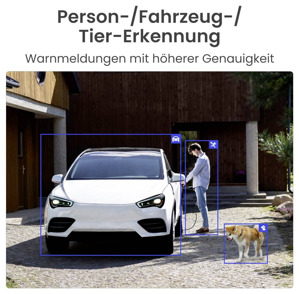 'Personen-/Fahrzeug-/Tier-Erkennung - Warnmeldungen mit höherer Genauigkeit.' Ein Auto, eine Person und ein Hund sind erkannt.