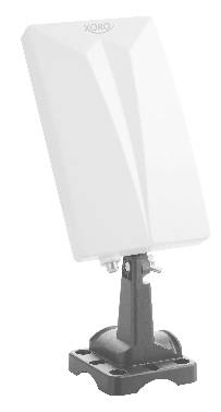Weiße Xoro-Außenantenne oder Signalempfänger auf einem schwarzen Ständer mit gewichteter Basis montiert.