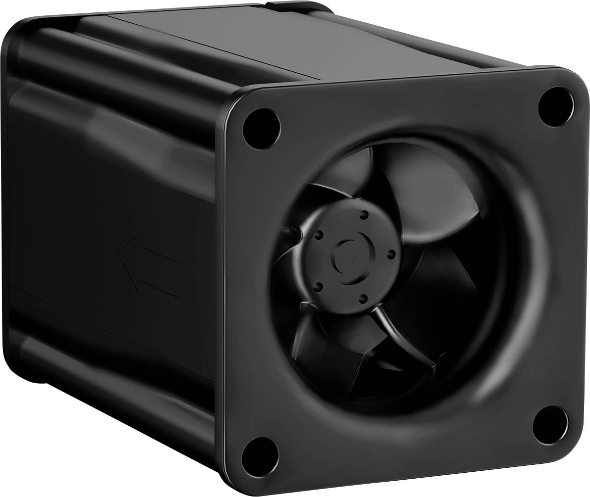 Ein schwarzer quadratischer Kühlventilator mit vier Befestigungslöchern, zeigt eine Vorderansicht mit sichtbaren Blättern in einem zylindrischen Gehäuse.