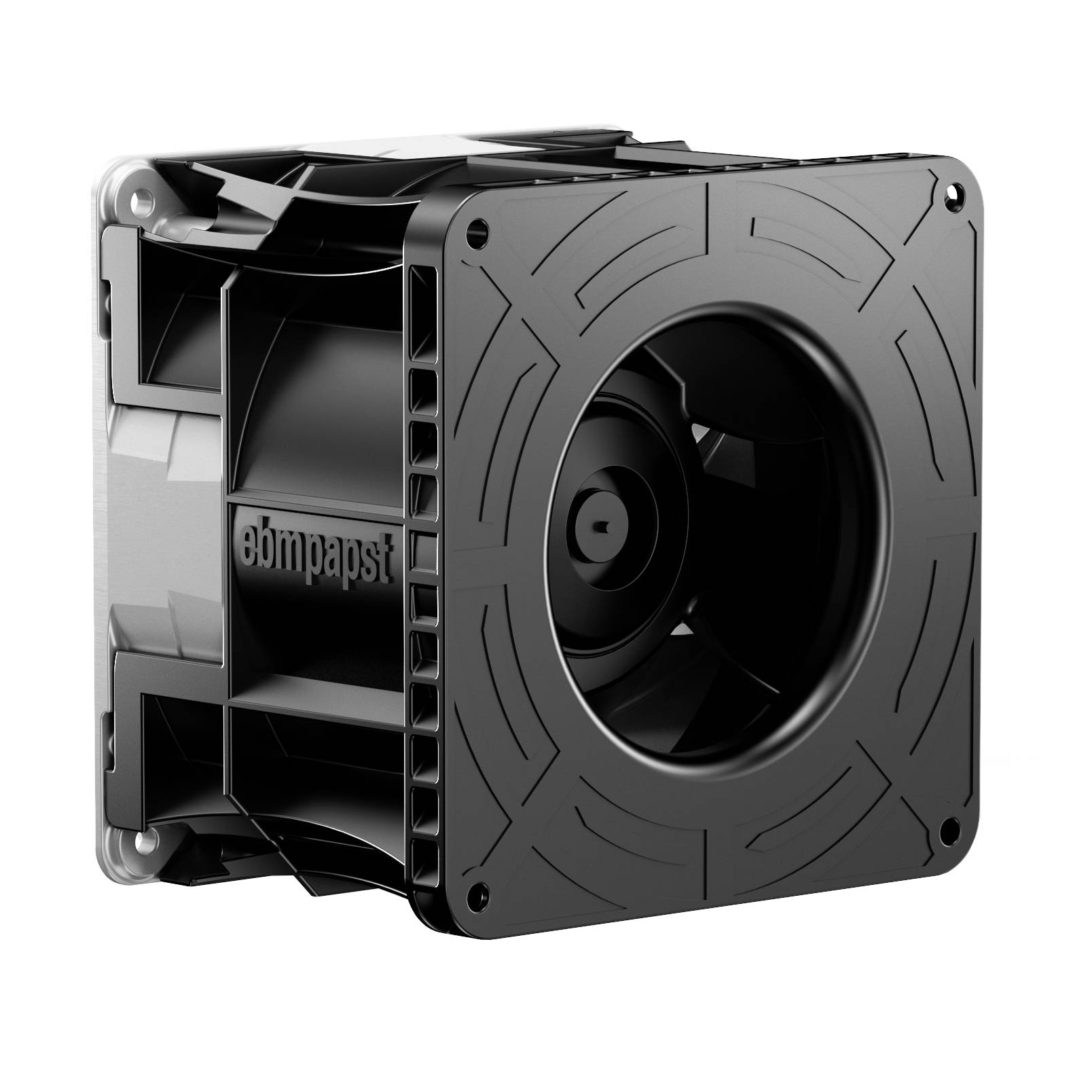 A compact, square black cooling fan with visible blades, designed for electronics or computers, on a plain white background.