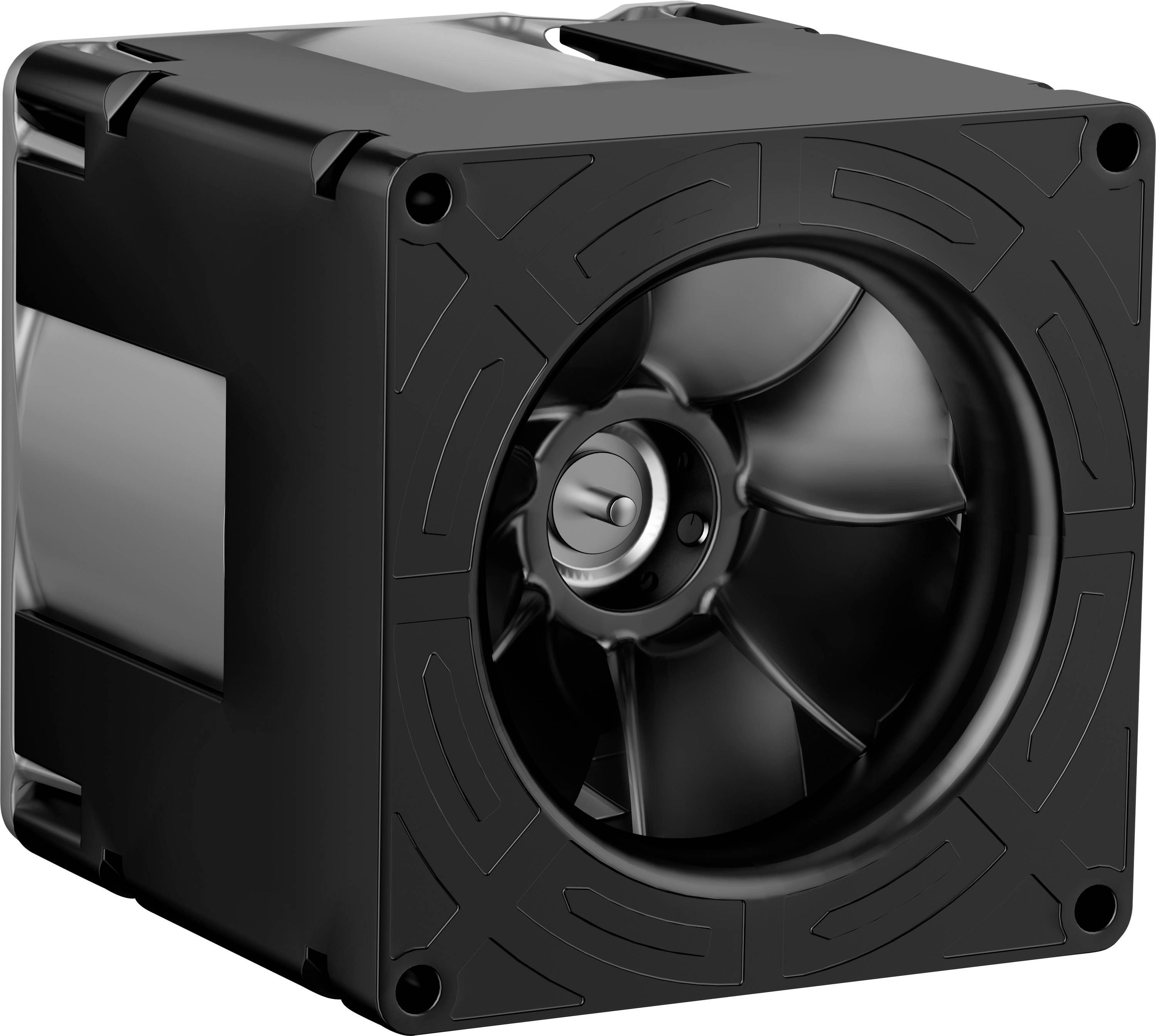 Ein schwarzer Computerlüfter mit quadratischem Rahmen und mehreren Blättern, entwickelt zur Kühlung elektronischer Komponenten.