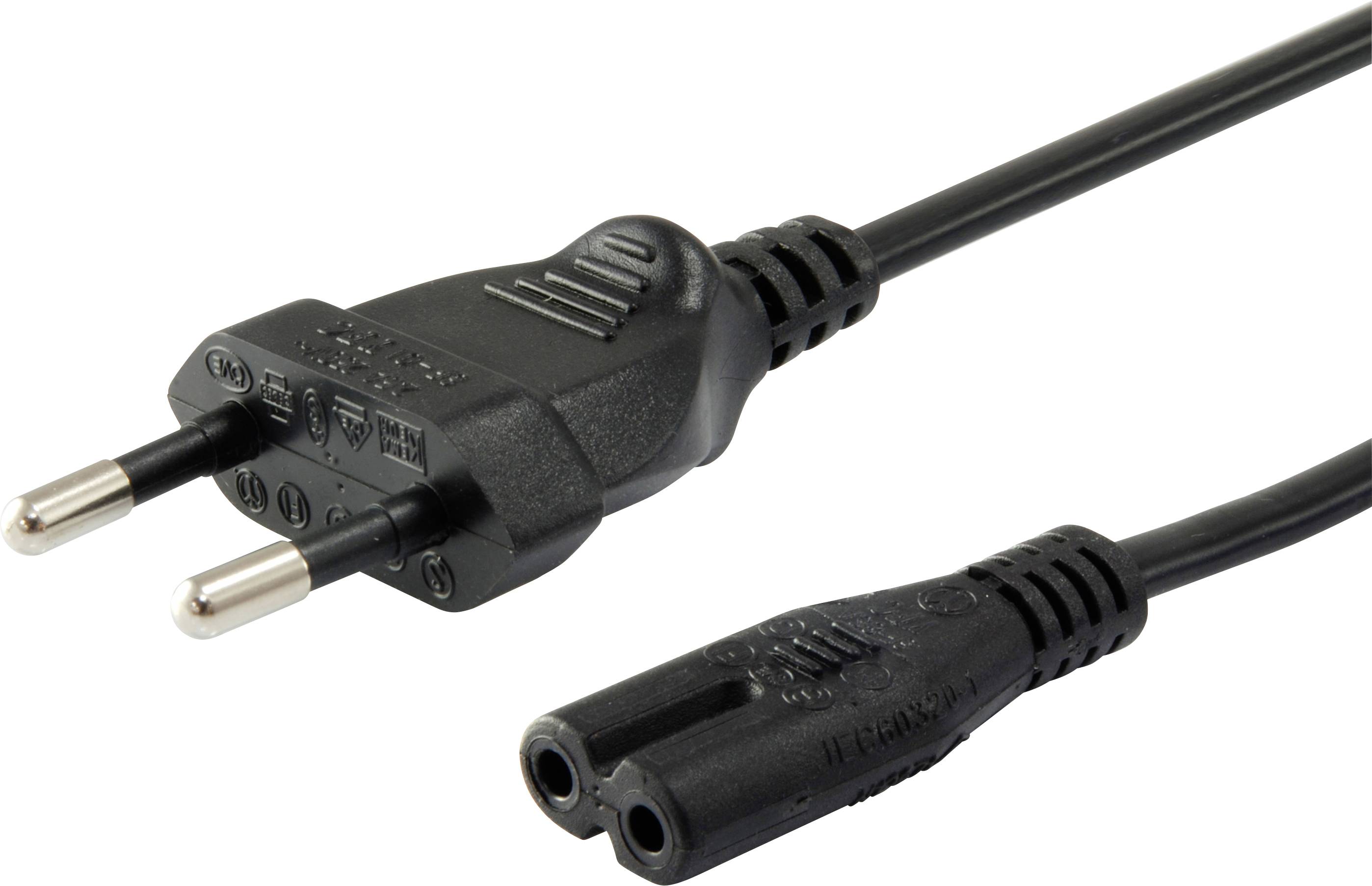 Ein zweipoliges europäisches Stromkabel mit IEC-C7-Stecker, das zur Stromversorgung von Geräten wie Laptops oder Lautsprechern verwendet wird.