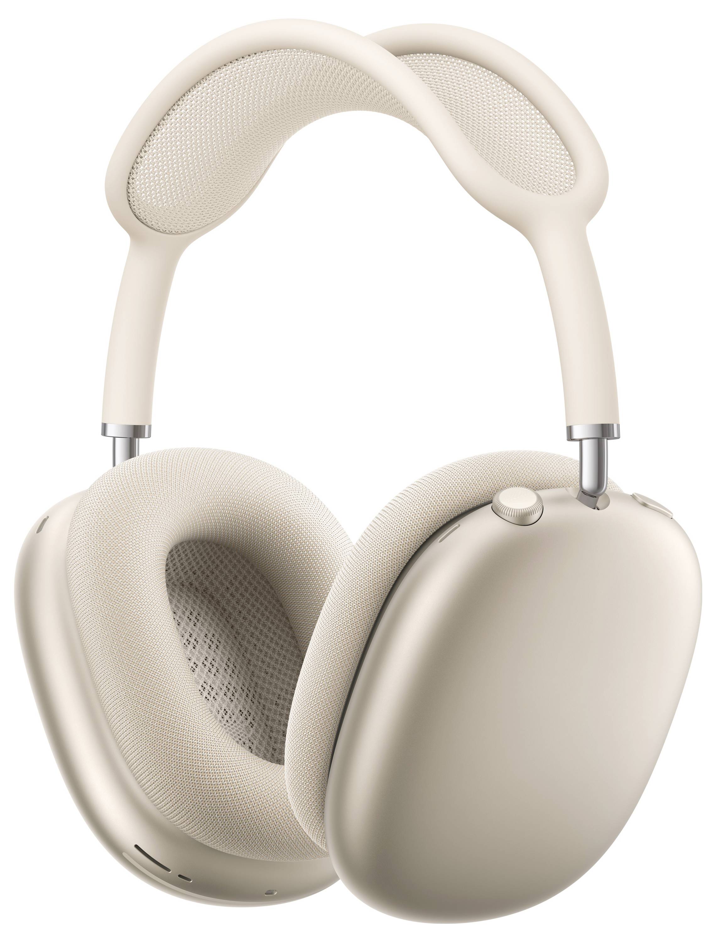 Beigefarbene kabellose Over-Ear-Kopfhörer mit gepolsterten Ohrmuscheln und einem Kopfbügel aus Edelstahl.