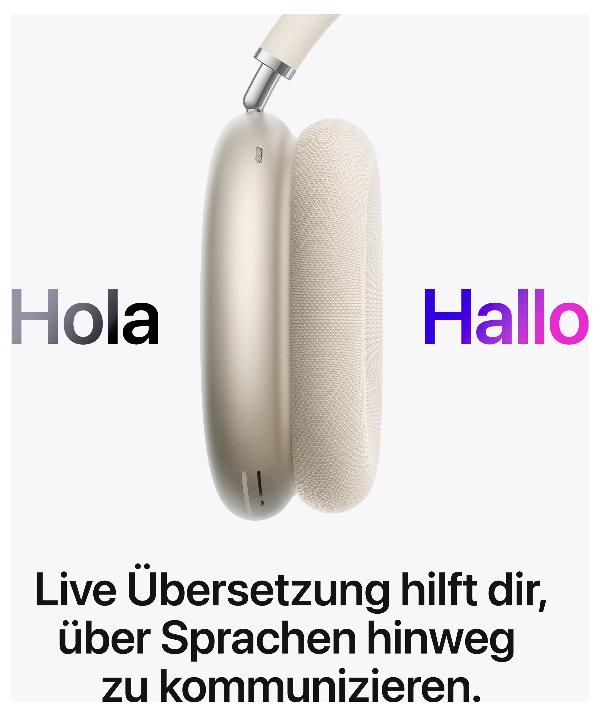Kopfhörer in der Mitte, umgeben von den Wörtern 'Hola' und 'Hallo' in verschiedenen Farben. Text unten: 'Live Übersetzung hilft dir, über Sprachen hinweg zu kommunizieren.'