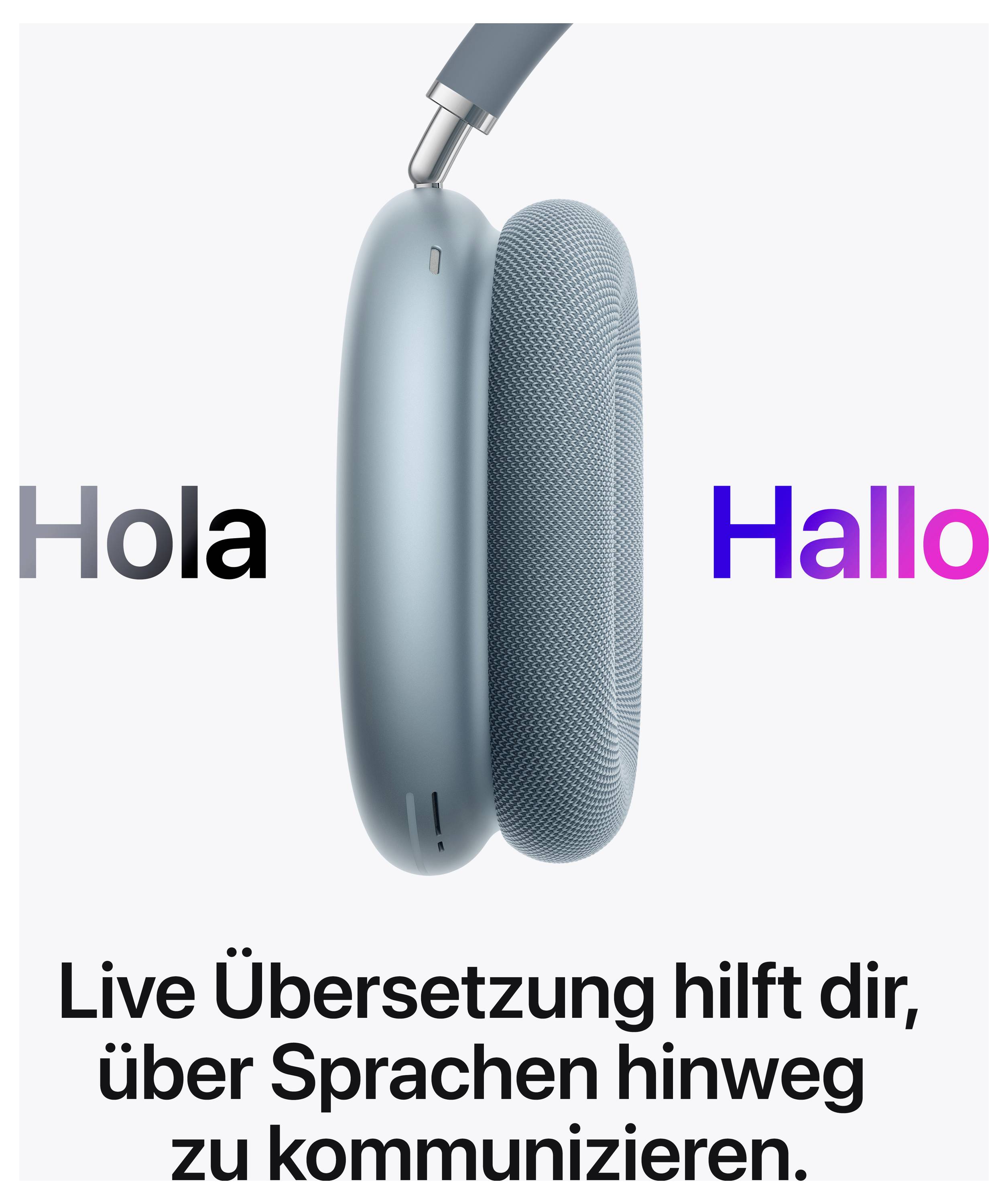 Kopfhörer mit Text 'Hola' und 'Hallo'. Darunter steht: 'Live Übersetzung hilft dir, über Sprachen hinweg zu kommunizieren.'