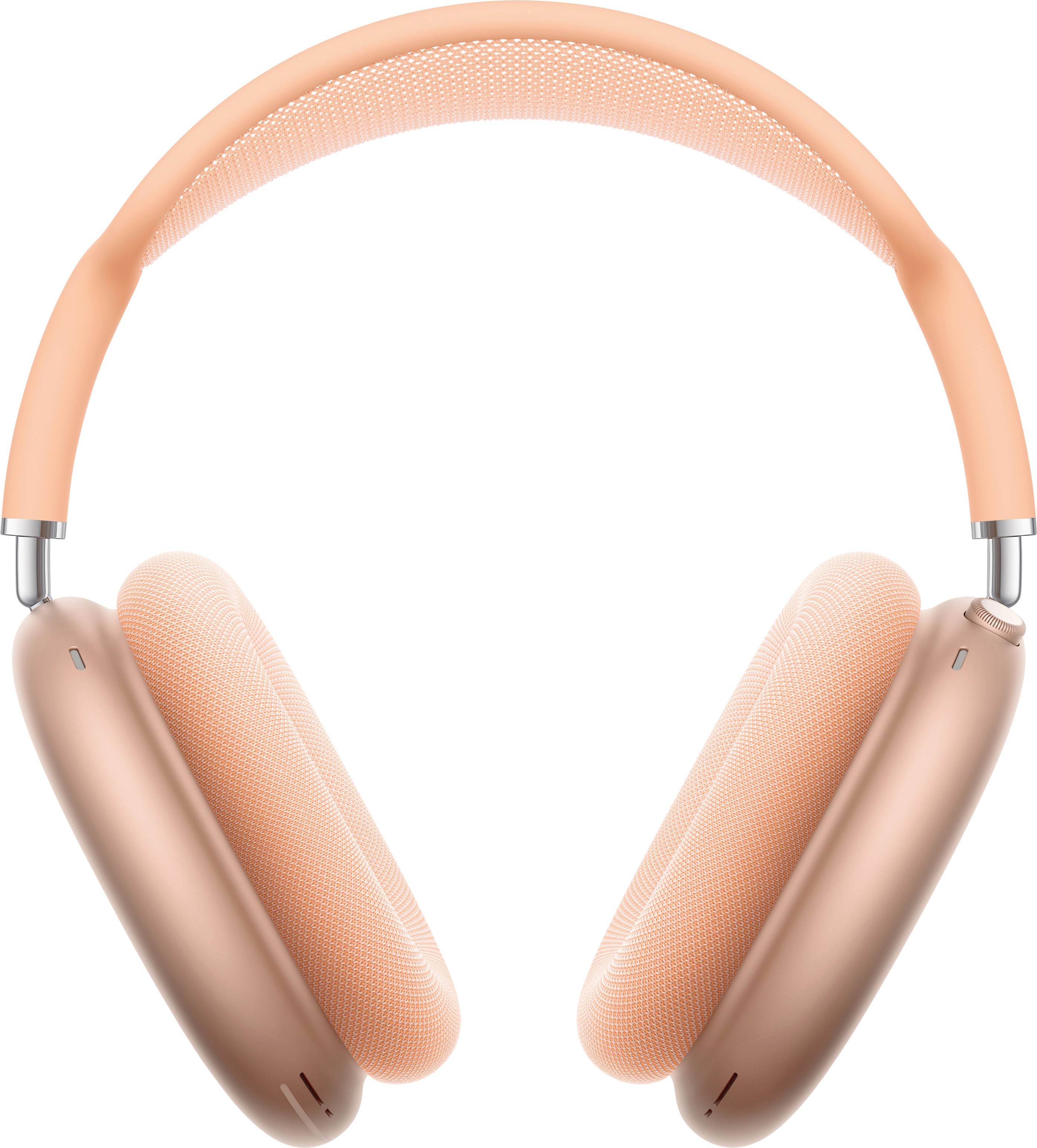 Ein Paar elegante Over-Ear-Kopfhörer mit pfirsichfarbener Oberfläche und gepolsterten Ohrmuscheln, die für Komfort und Geräuschunterdrückung entwickelt wurden.