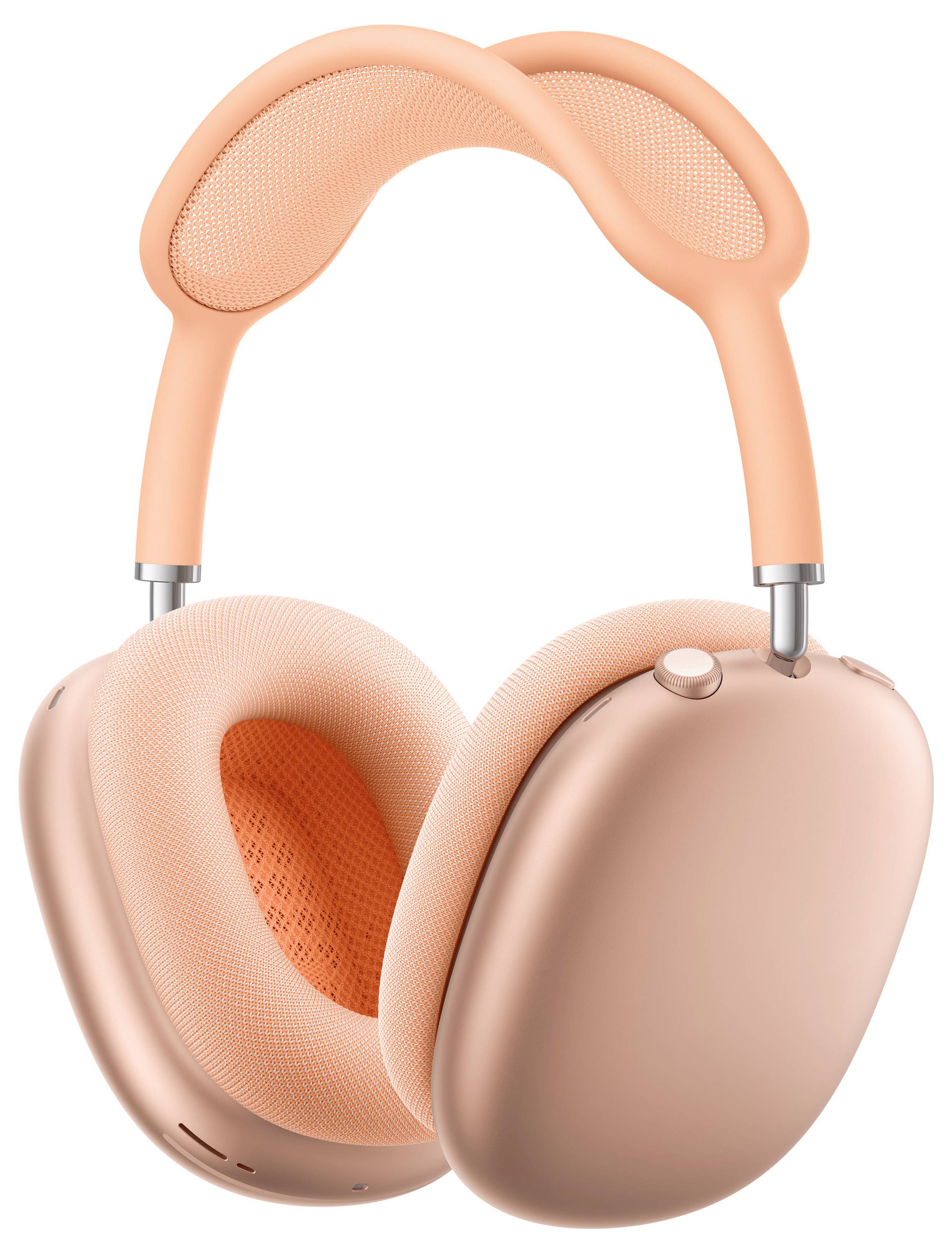 Ein Paar Over-Ear-Kopfhörer in Pfirsichfarbe mit flexiblem Mesh-Kopfbügel und gepolsterten Ohrmuscheln, entworfen für Komfort und Stil.