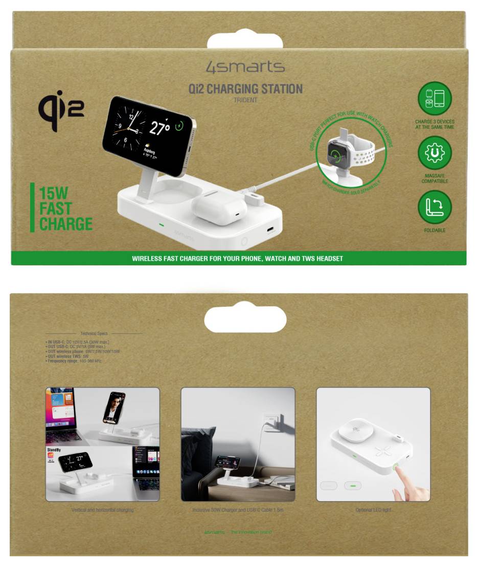 4smarts Trident - Kabelloses Ladegerät - Qi2 + AC-Netzteil - 25 Watt - 1 A - 2 Ausgabeanschlussstellen (24 pin USB-C)