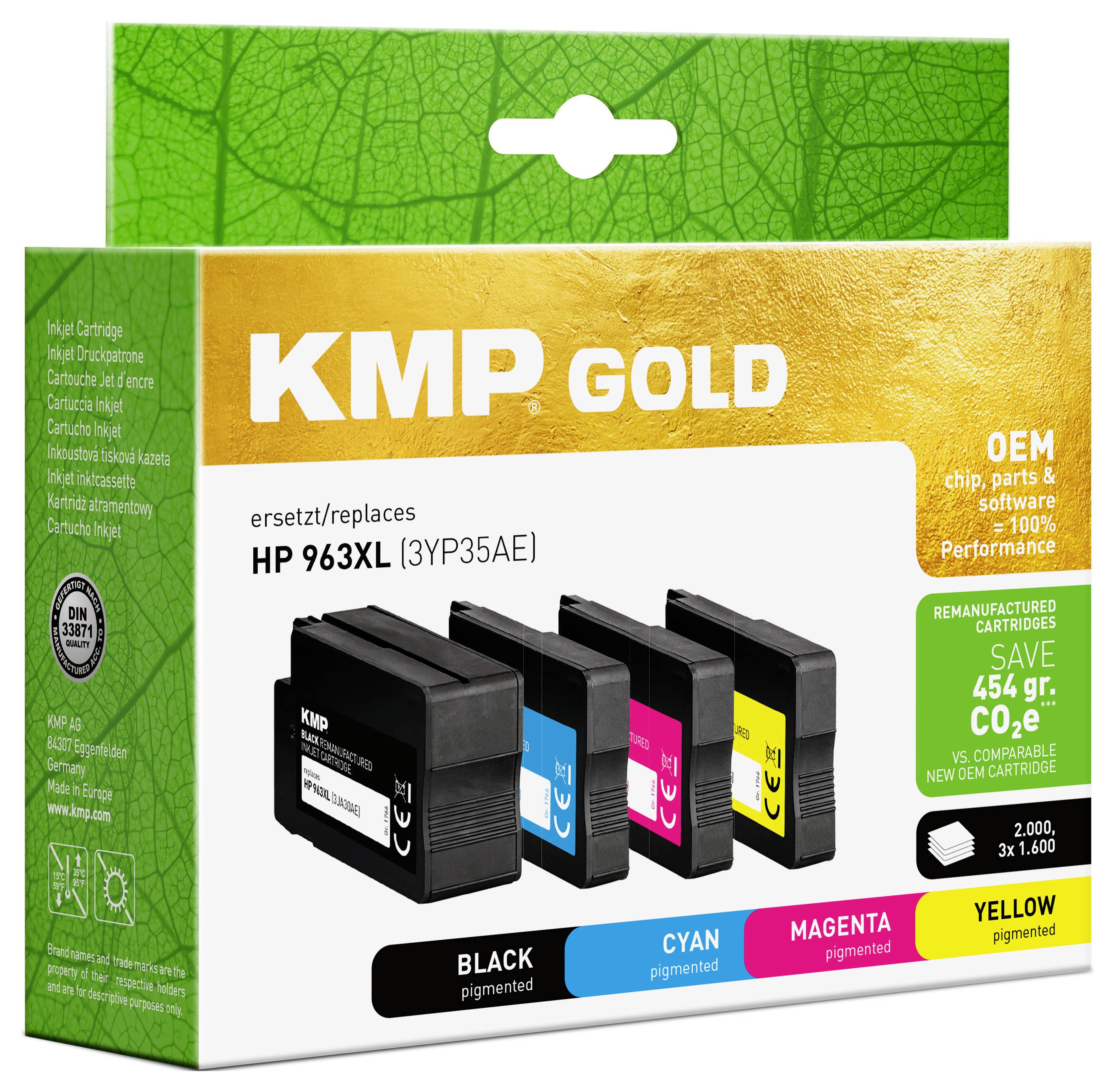 Verpackung für KMP Gold Druckerpatronen, als Ersatz für HP 963XL, mit schwarzen, cyan-, magenta- und gelben Tintenpatronen.