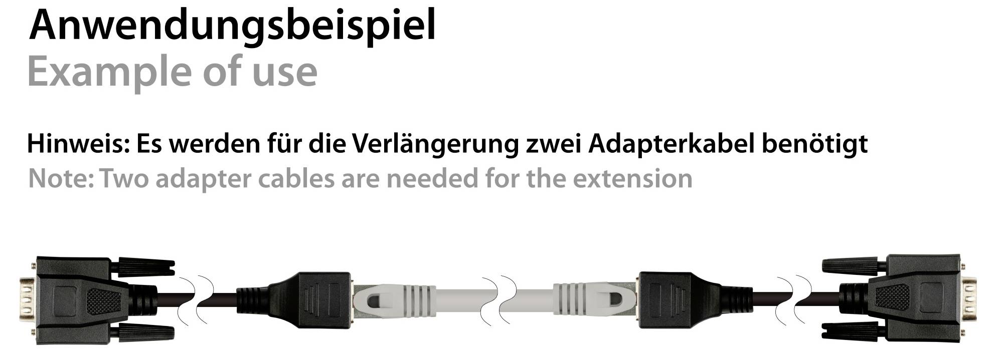 Anleitung mit Grafik zur Einrichtung einer Kabelverlangerung: Zwei Adapterkabel verbinden passende Anschlüsse an den Enden miteinander. Der Text lautet: „Zwei Adapterkabel werden für die Verlängerung benötigt.