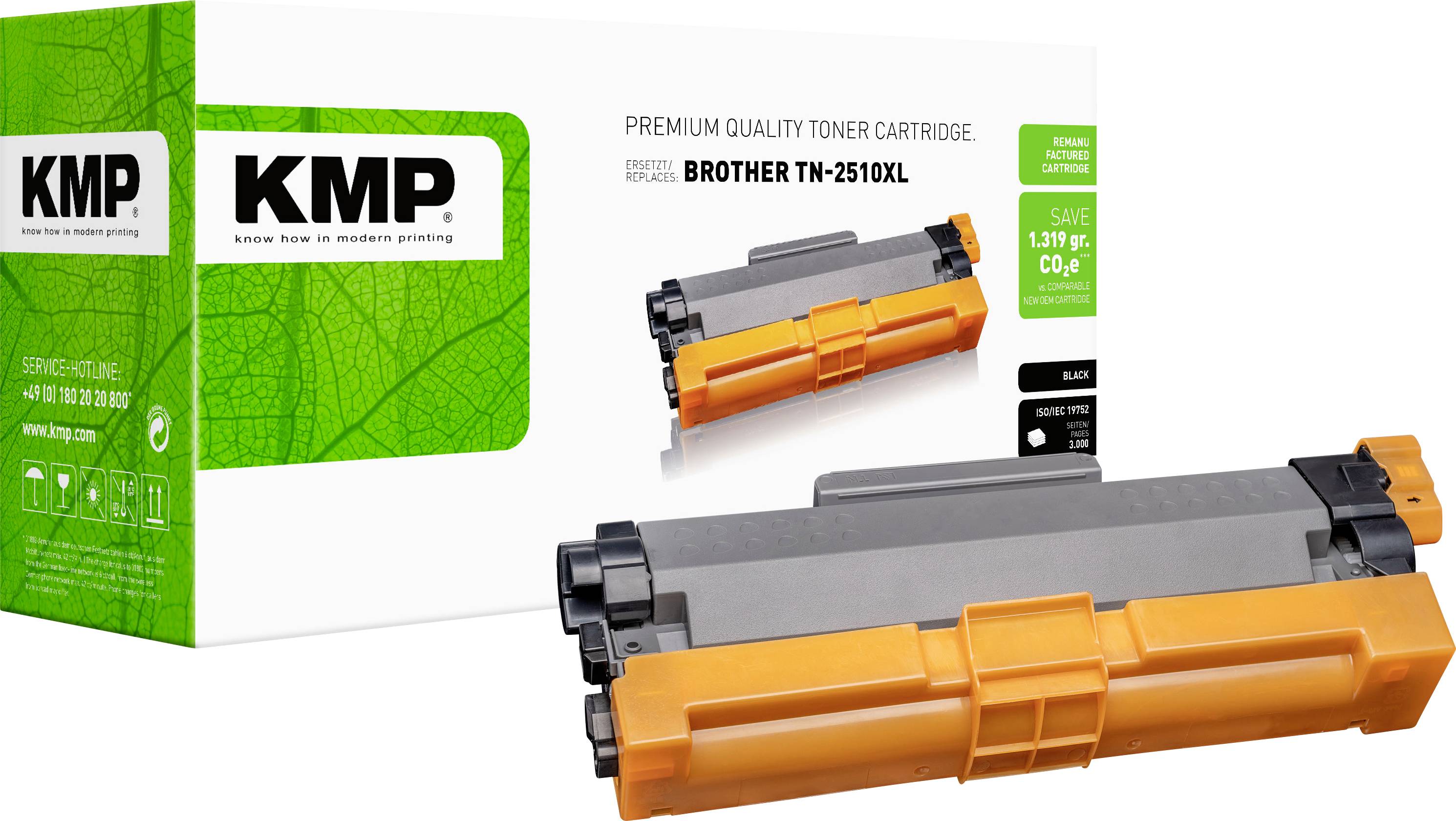 KMP Premium-Tonerkassette mit Verpackung und zwei Brother TN-2510XL kompatible Kartuschen in Orange und Schwarz auf weißem Hintergrund.