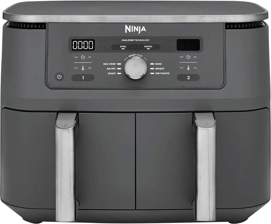 Ein schwarzes Küchengerät mit doppelten Schubladen mit der Bezeichnung „Ninja