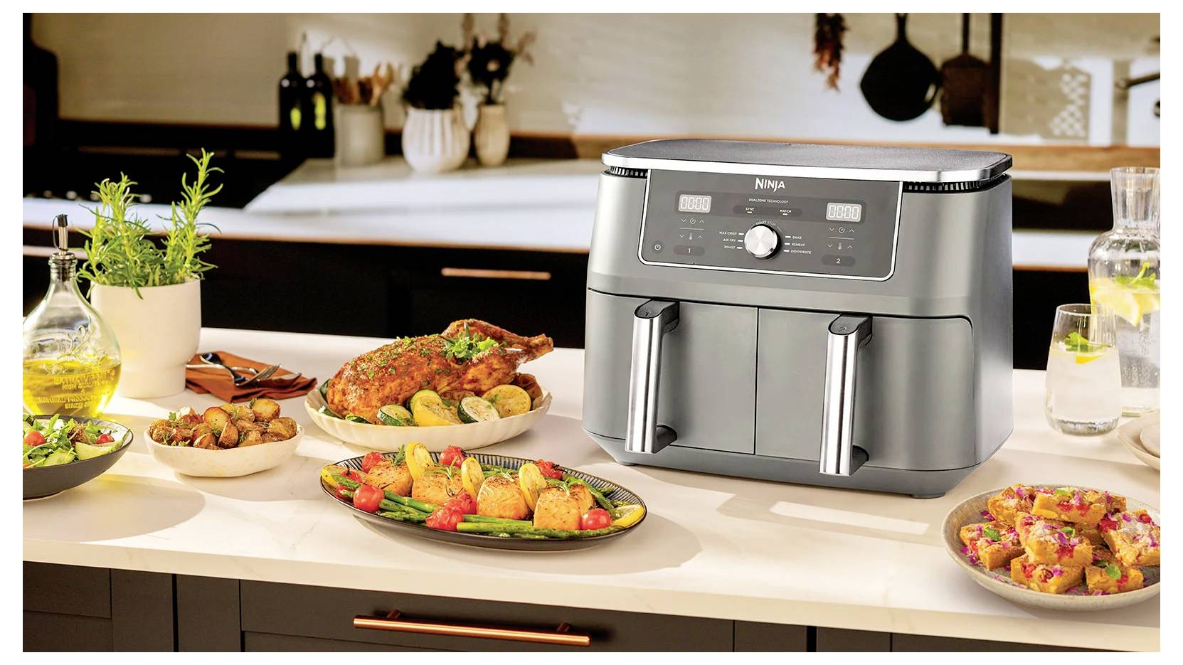 Ninja DZ400EU Dual Zone Heißluft-Fritteuse 9.5l 2470 2 getrennte Temperaturregler Schwarz