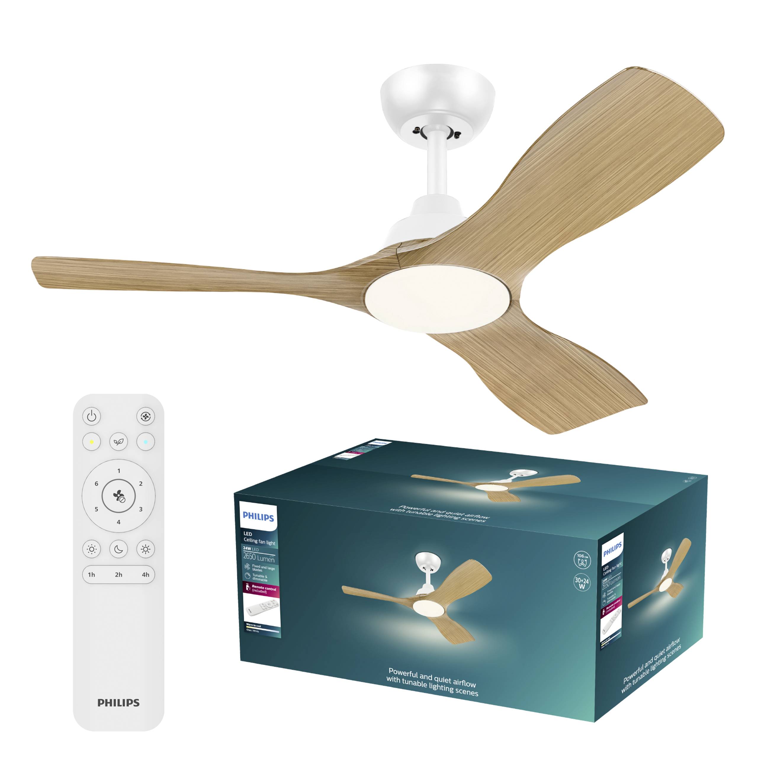 Wooden-blade ceiling fan with light fixture, shown with remote control and packaging, featuring a modern design for home use.