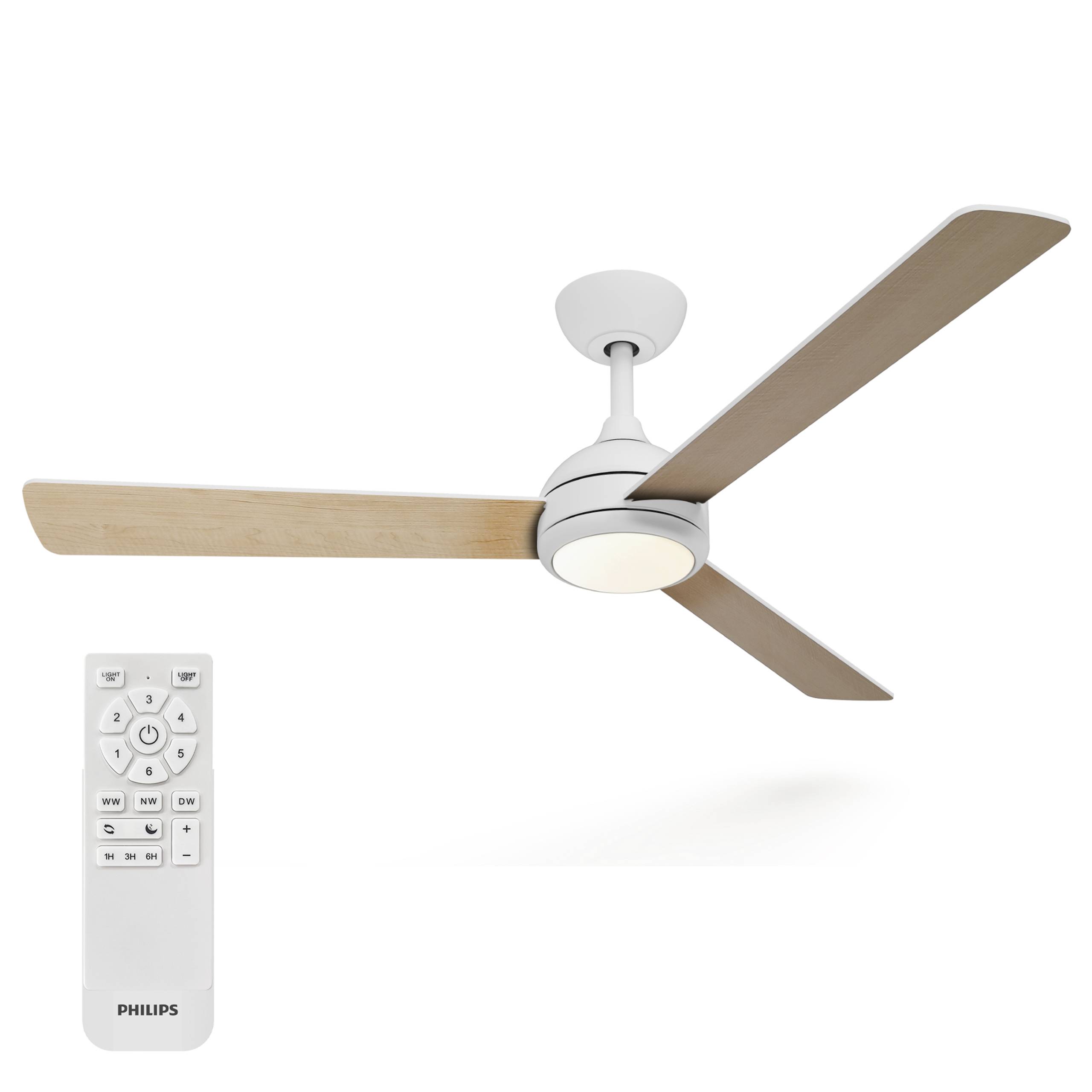 A white ceiling fan with three wooden blades and a light, accompanied by a white remote control with multiple buttons.