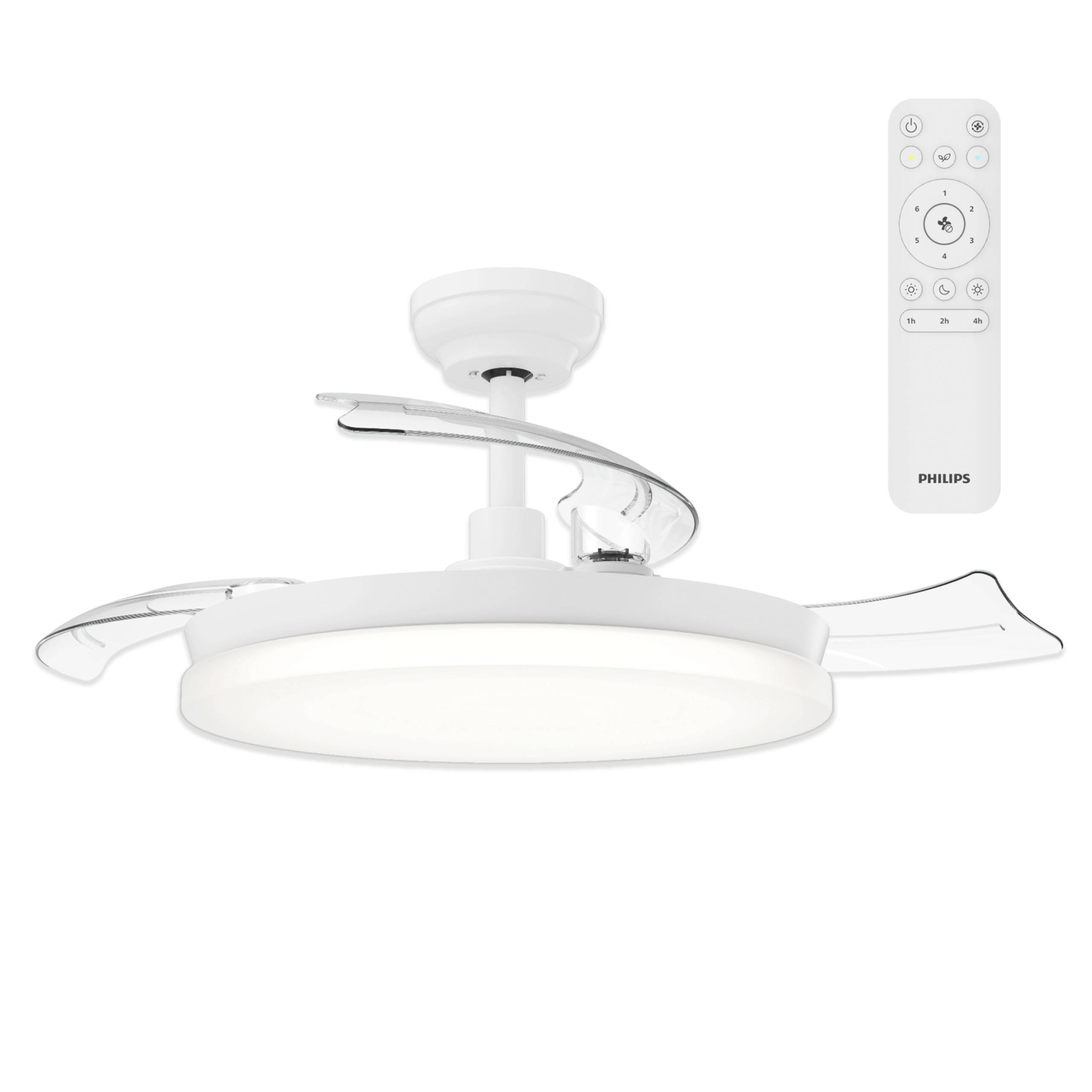 White ceiling fan with integrated LED light and curved transparent blades, accompanied by a remote control.
