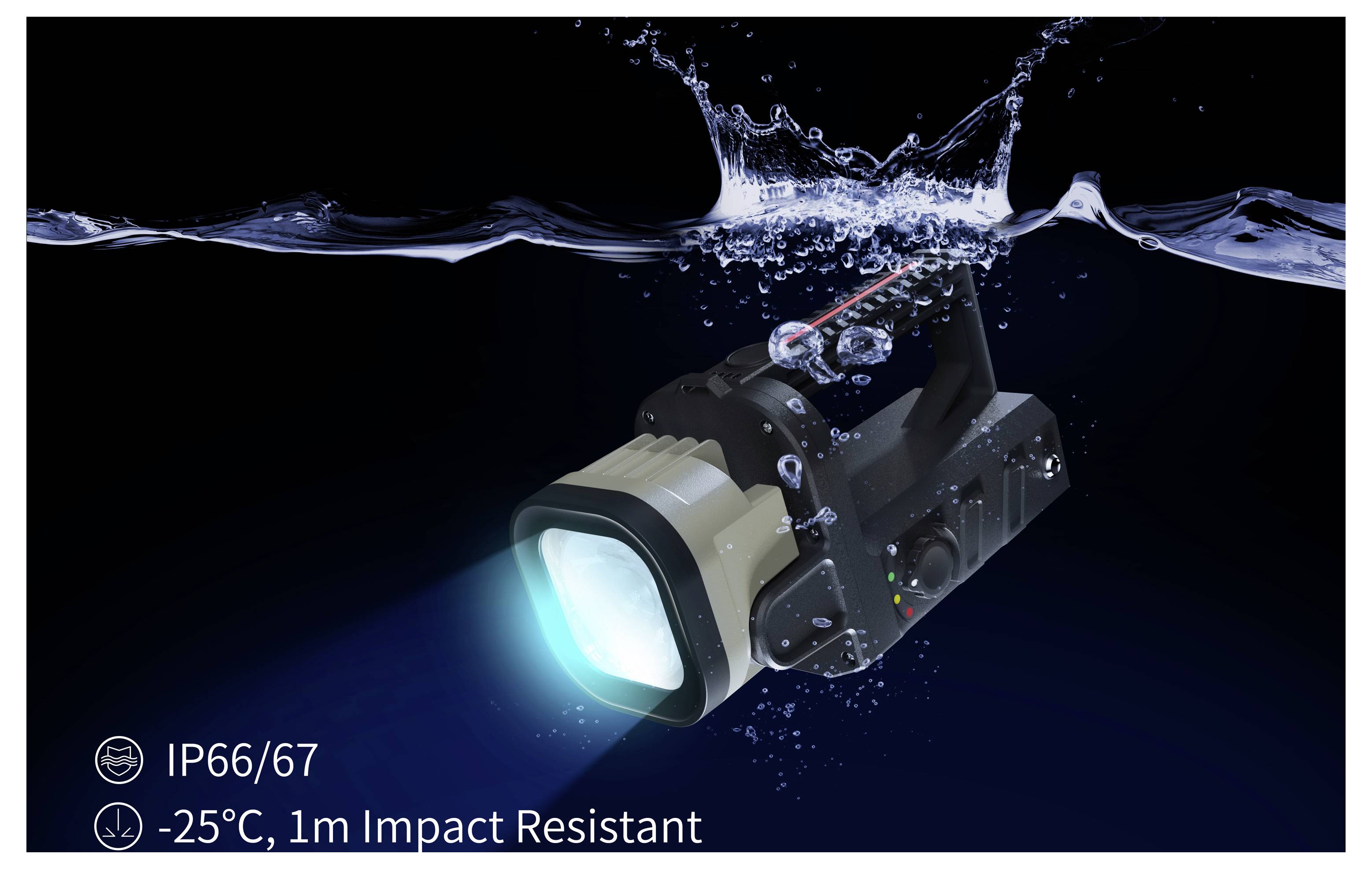 Wasserdichte Industriekamera mit blauem Licht unter Wasser, gekennzeichnet mit IP66/67, -25°C und 1m stoßfest.