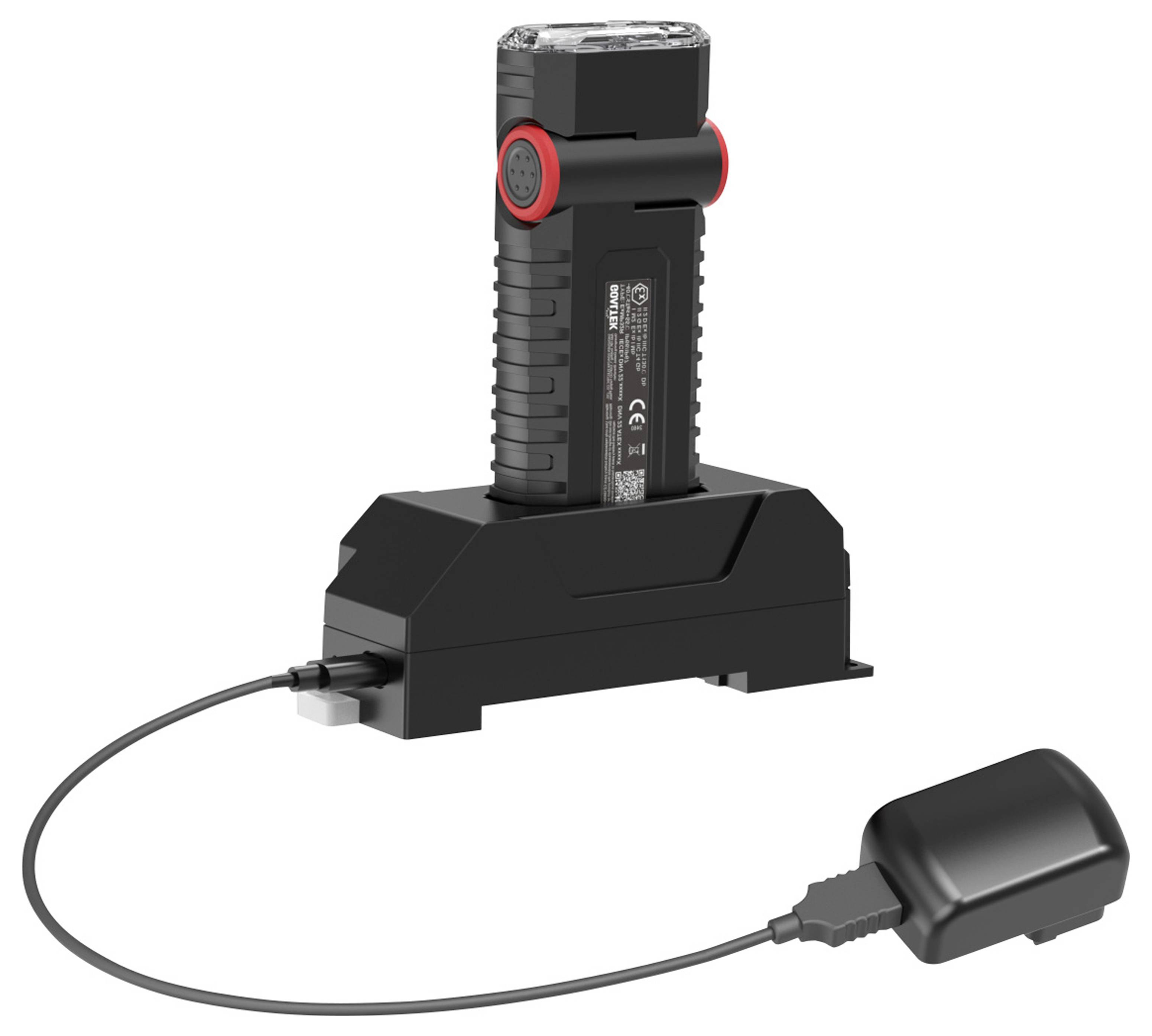 Schwarzes Batteriepack lädt in einer Ladestation mit einem an einen externen Stromanschluss angeschlossenen Kabel.