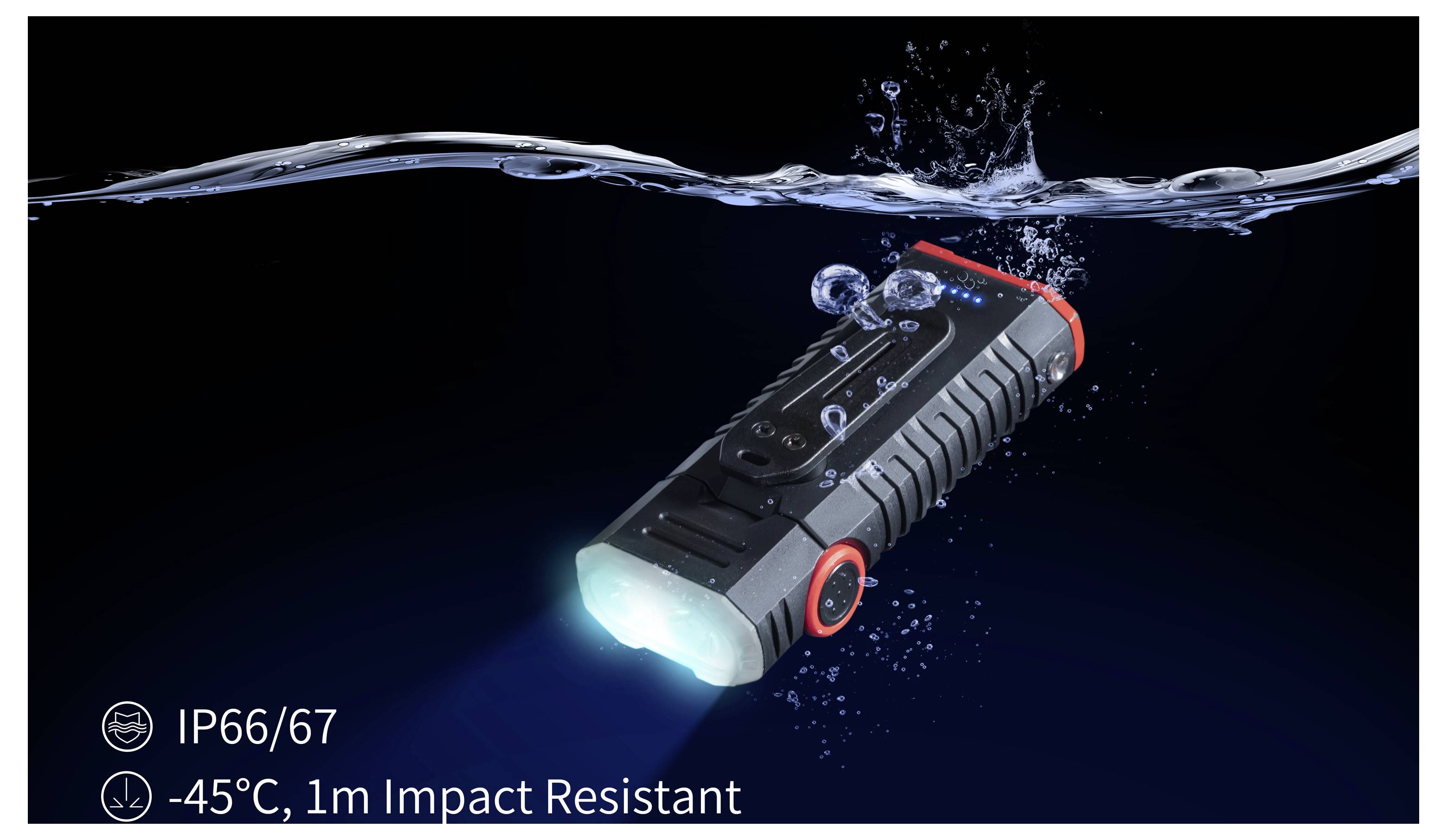 Wasserdichte schwarze Taschenlampe unter Wasser gezeigt, mit Text 