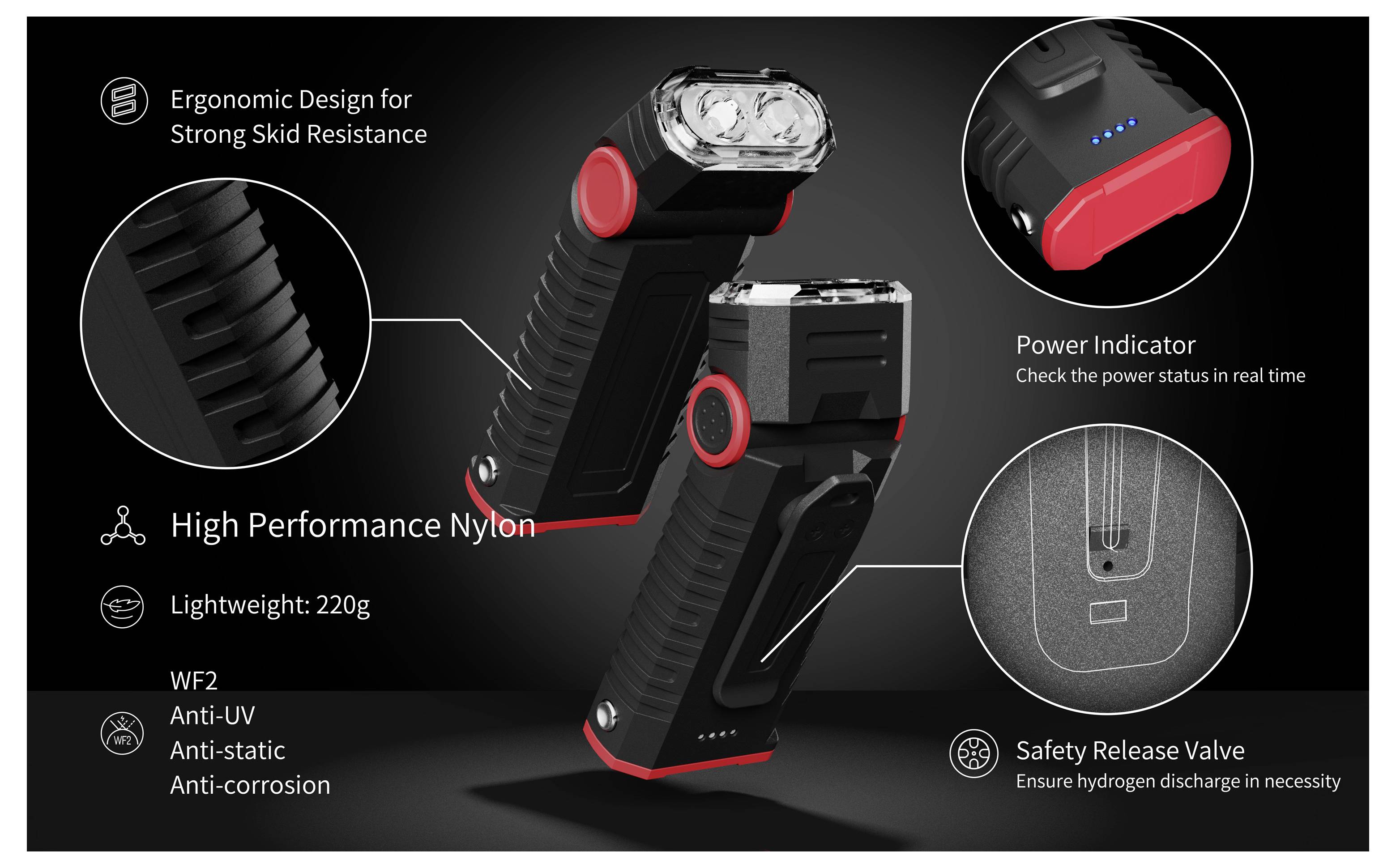 Produkt-Infografik eines schwarzen und roten tragbaren Geräts, das ergonomisches Design, hochleistungsfähiges Nylon, 220 g Gewicht, Stromanzeige und Sicherheitsablassventil hervorhebt.