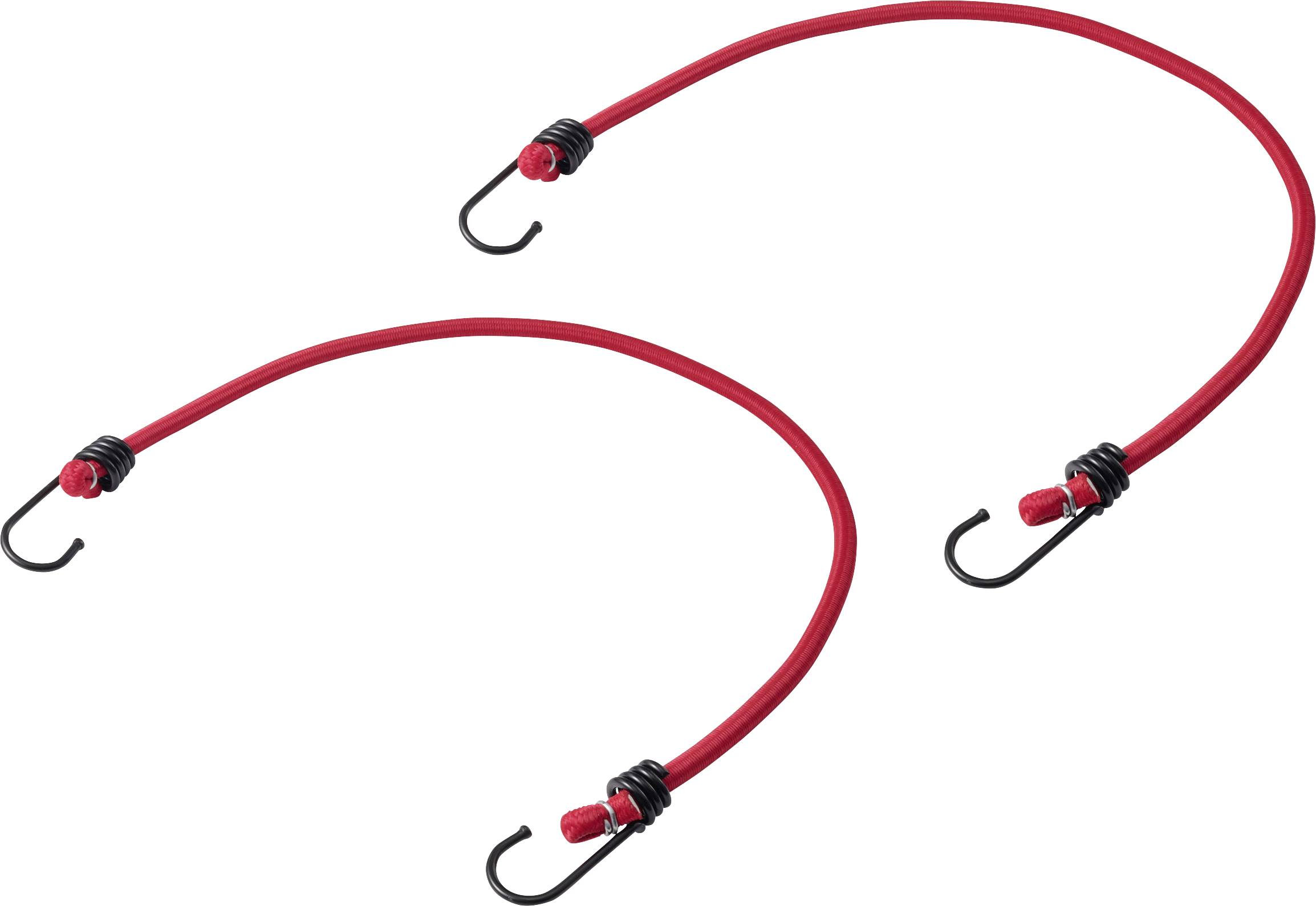 Zwei rote elastische Bungee-Seile mit schwarzen Haken auf weißem Hintergrund gezeigt.