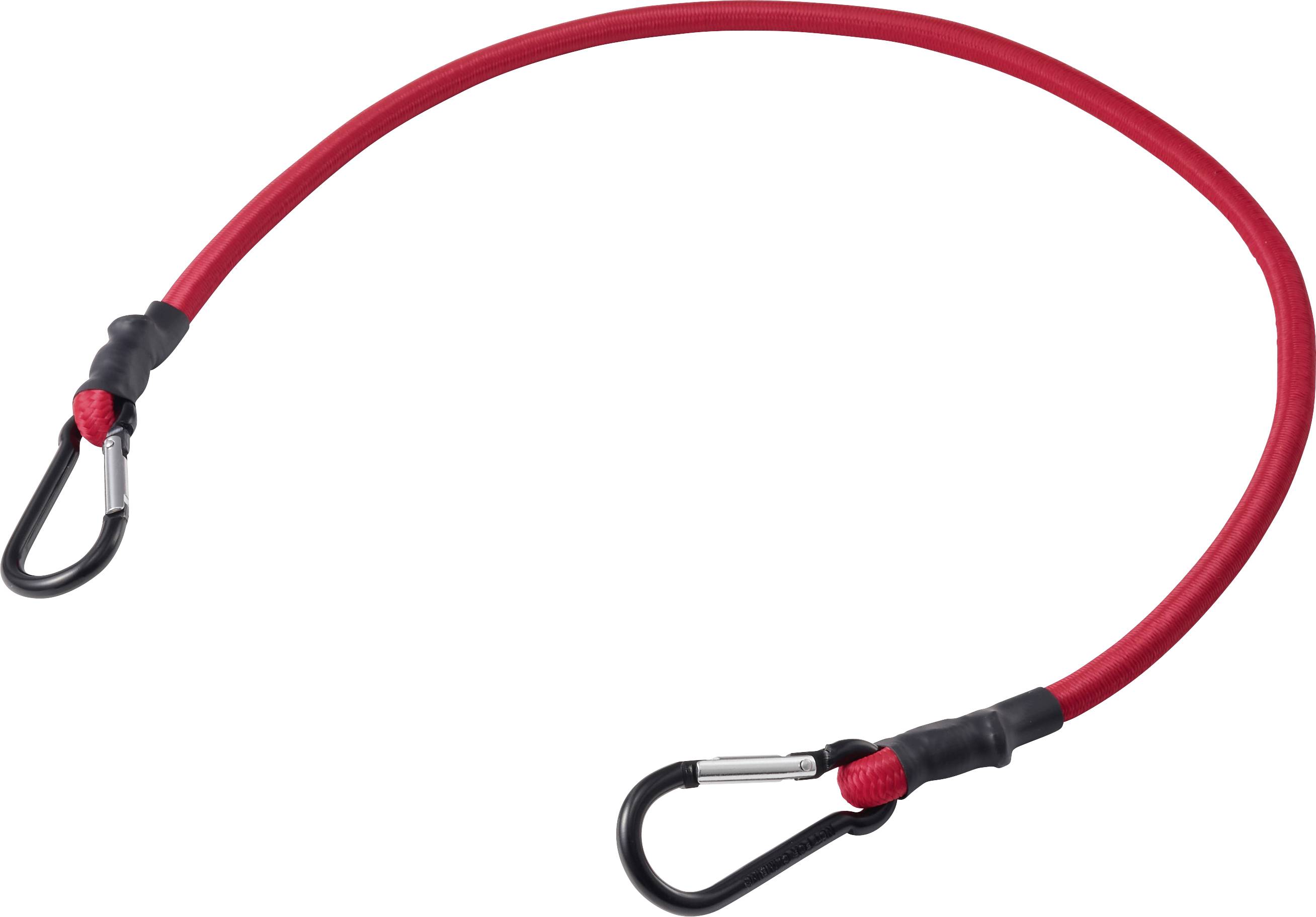 Roter elastischer Bungee-Seil mit Metallhaken an beiden Enden, isoliert auf weißem Hintergrund.