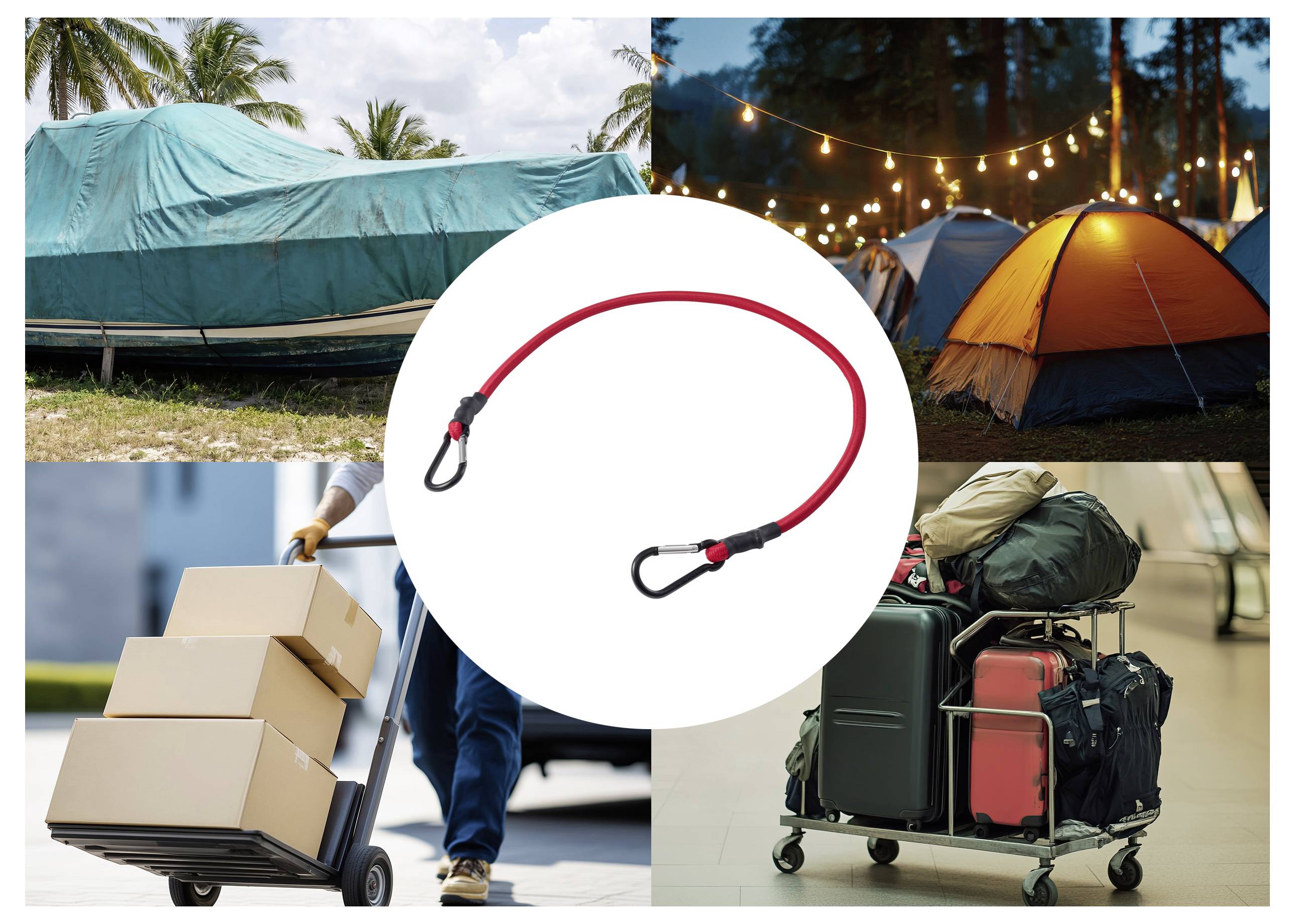 Collage von Reise- und Campingszenen mit einer zentralen Grafik von roten Bungee-Seilen, die Ausrüstungssicherung oder Transport suggeriert.