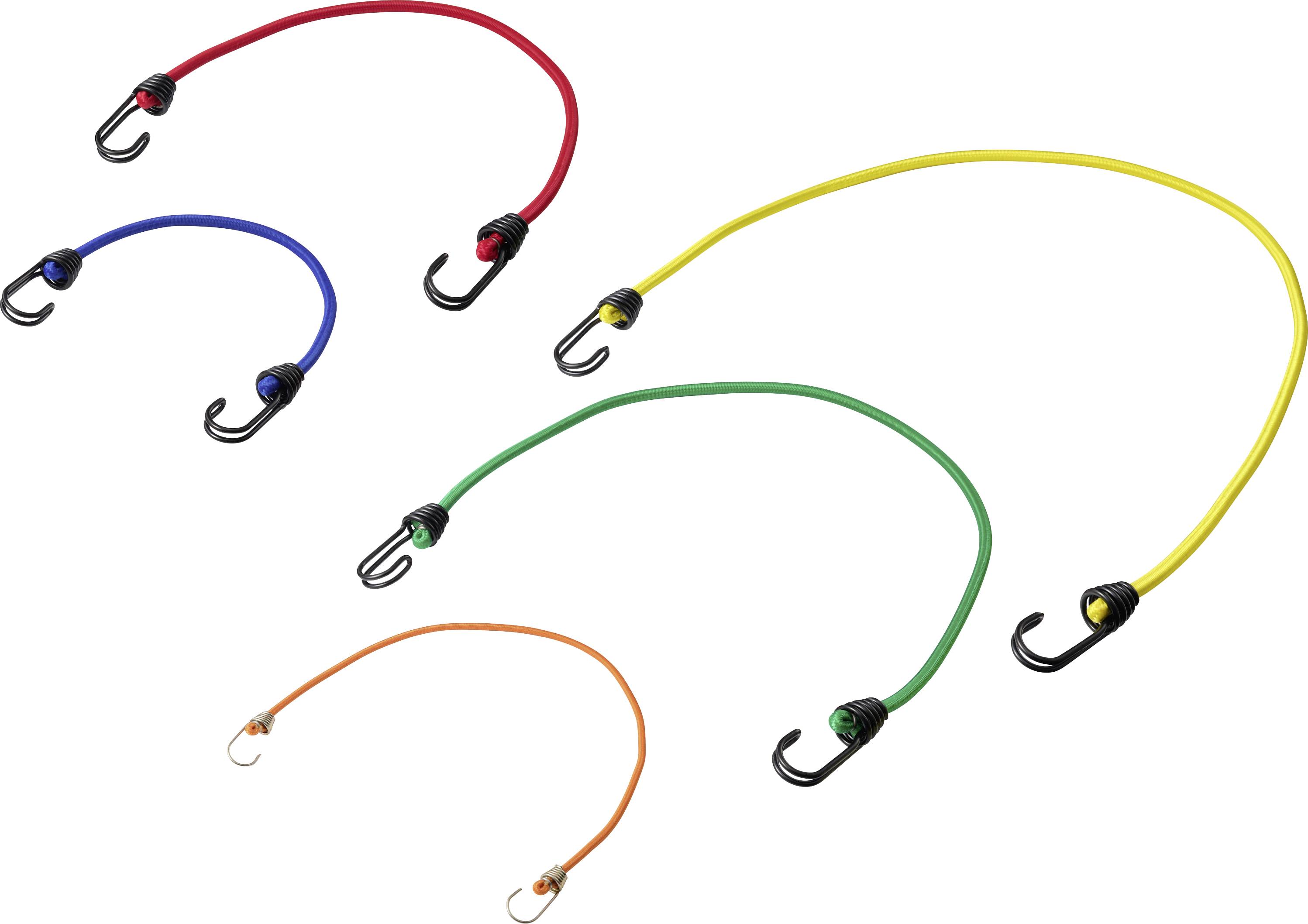 Fünf farbige Bungee-Seile mit Metallhaken – rot, blau, gelb, grün und orange – auf weißem Hintergrund angezeigt.