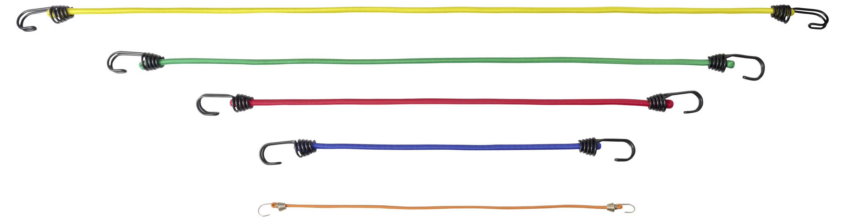 Fünf farblich gekennzeichnete Spannseile mit Metallhaken – gelb, grün, rot, blau und orange – in absteigenden Längen auf weißem Hintergrund angeordnet.