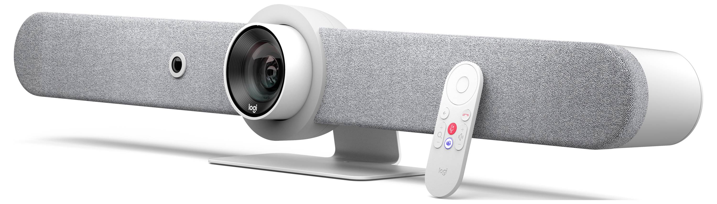 Eine graue Logitech-Videokonferenz-Soundbar mit integrierter Kamera und Fernbedienung auf weißem Hintergrund.