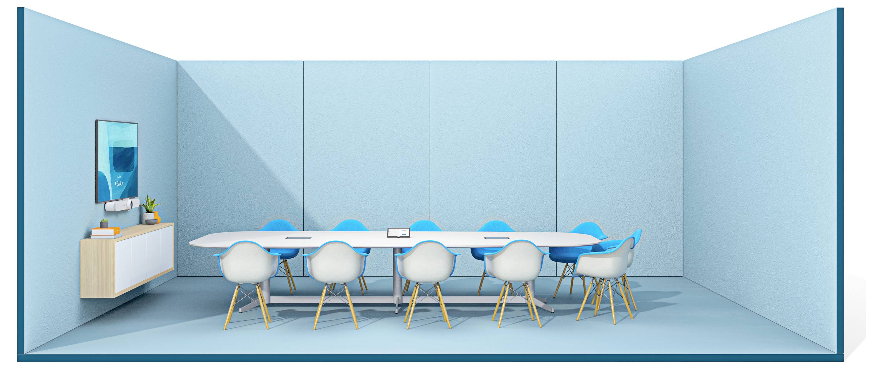 Minimalistischer blauer Konferenzraum mit langem weißem Tisch, acht Stühlen, wandmontiertem Bildschirm und Sideboard mit Deko und Pflanze.