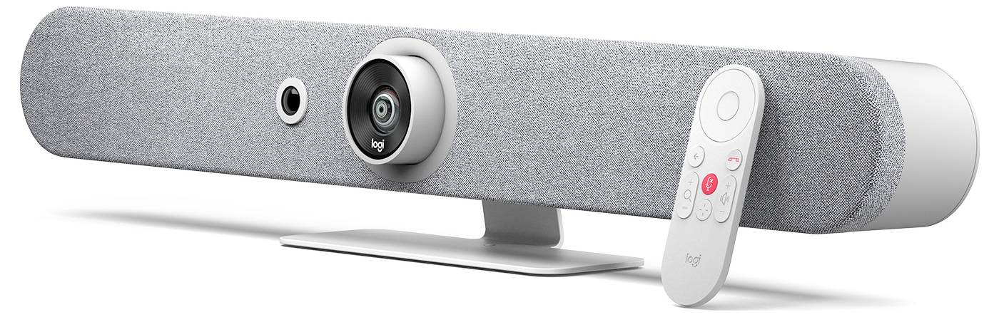 Eine graue Logitech-Videokonfernz-Soundbar-Kamera mit Tischständer und weißer Fernbedienung.
