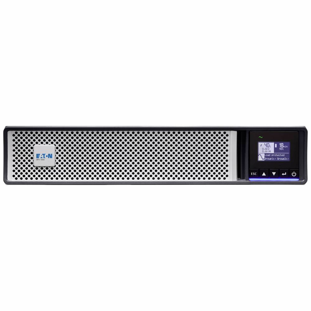 Frontansicht einer Eaton-Rackmount-USV mit durchlöchertem Frontgitter und LCD-Statusanzeige auf der rechten Seite mit Steuertasten.