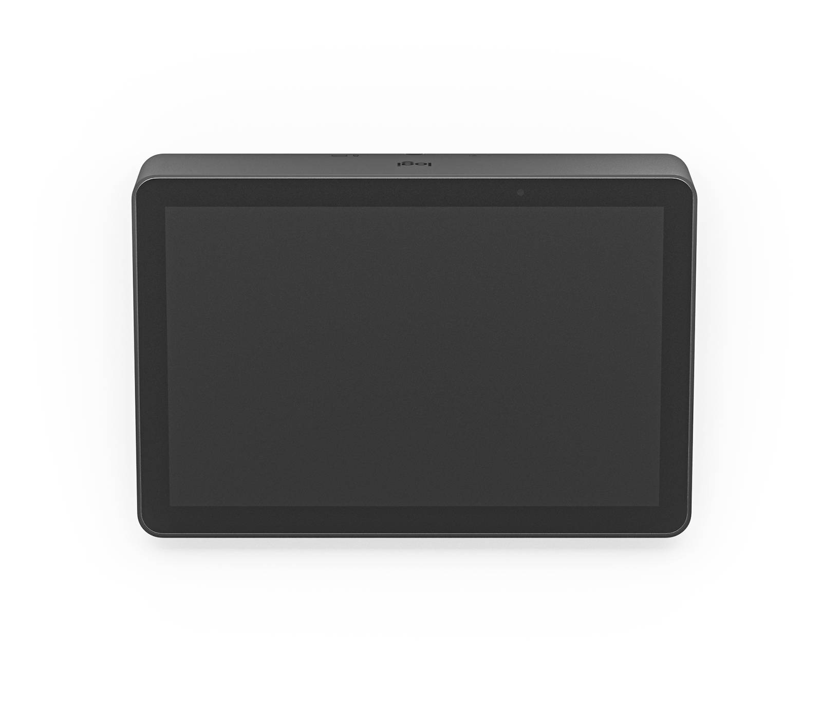 Schwarzes rechteckiges Touchscreen-Tablet oder Display von vorne betrachtet vor weißem Hintergrund.