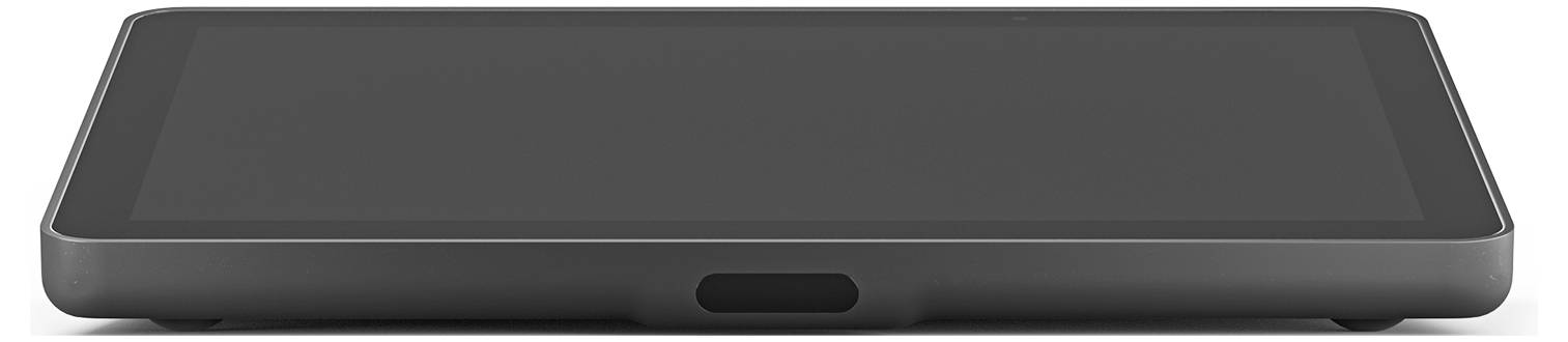 Ein schwarzes rechteckiges Touchscreen-Gerät mit abgerundeten Ecken und einem kleinen zentrierten Schlitz an der vorderen Kante.