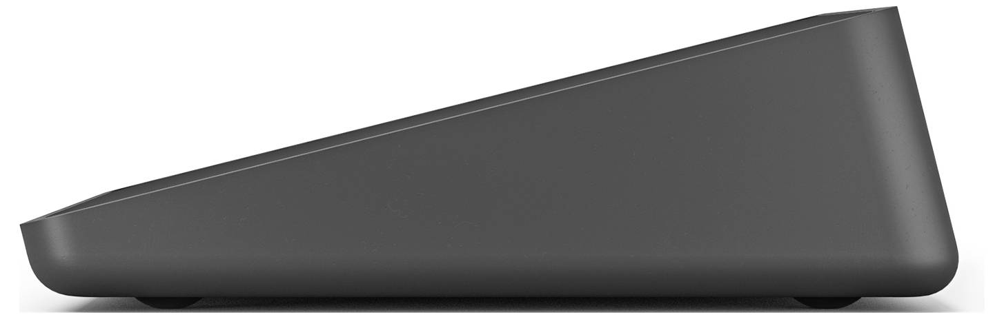 Grau keilförmiges Gerät oder Lautsprecher, gezeigt in Seitenansicht auf weißem Hintergrund.