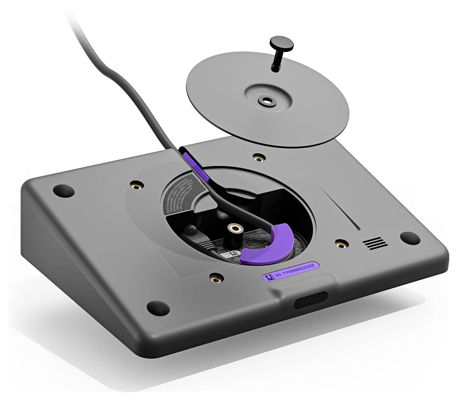 Offene Bodenkabelanschlussöffnung mit Scharnierboden und Bürstendichtung, die ein Kabel zeigt, das durch eine versenkte Schreibtisch-Lochleiste verläuft.