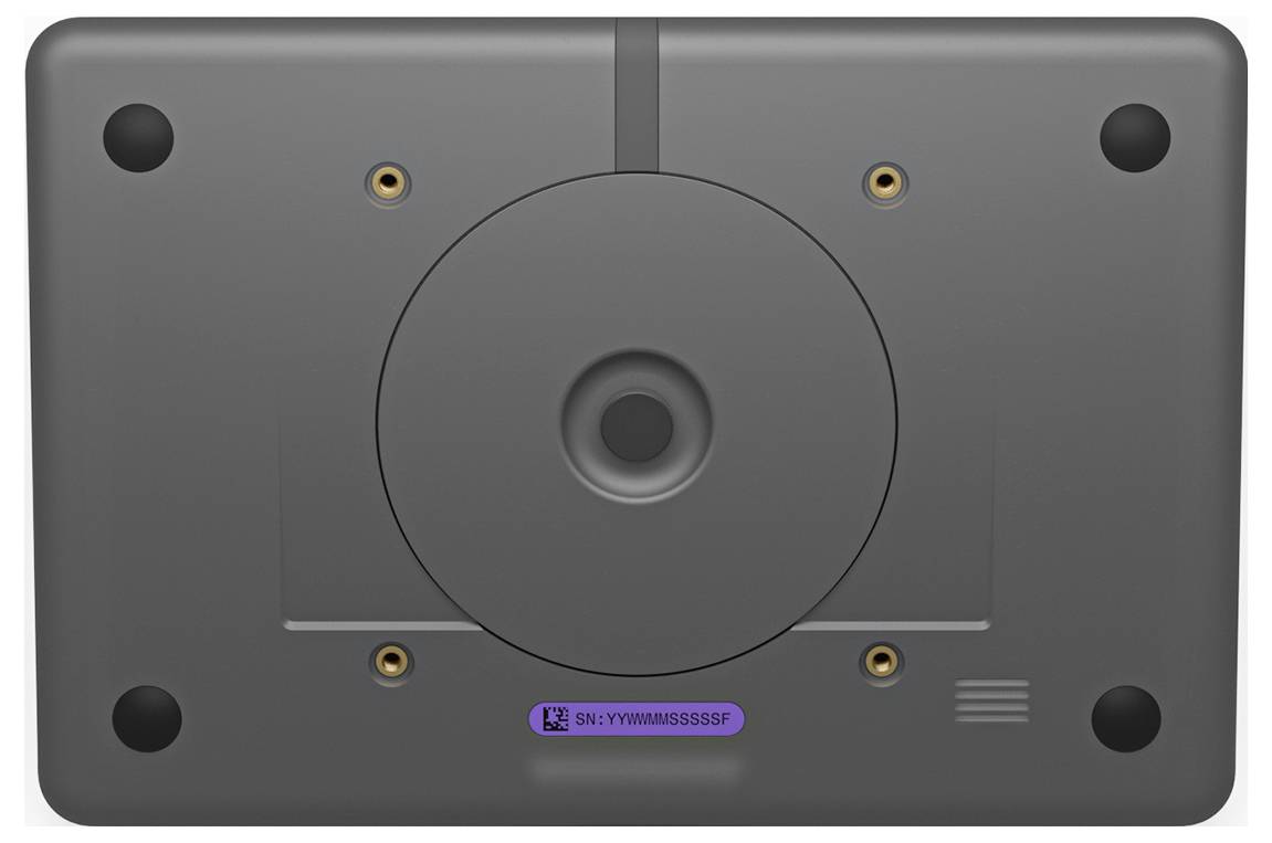 Rückseite eines dunkelgrauen elektronischen Geräts mit einer zentralen kreisförmigen Halterung oder einem Lautsprecher, vier Ecklöchern und kleinen Anschlüssen in der Nähe des unteren Bereichs.