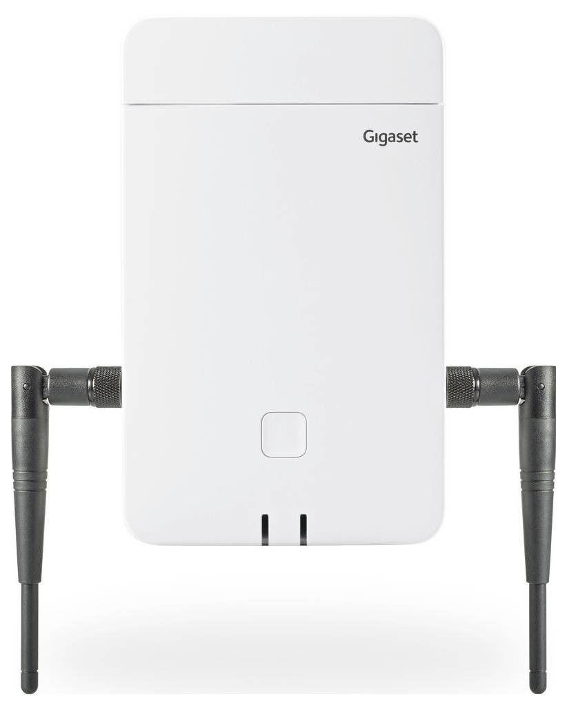 Weißer Gigaset Wi-Fi-Zugriffspunkt mit zwei externen Antennen, Frontansicht auf einfachem Hintergrund.