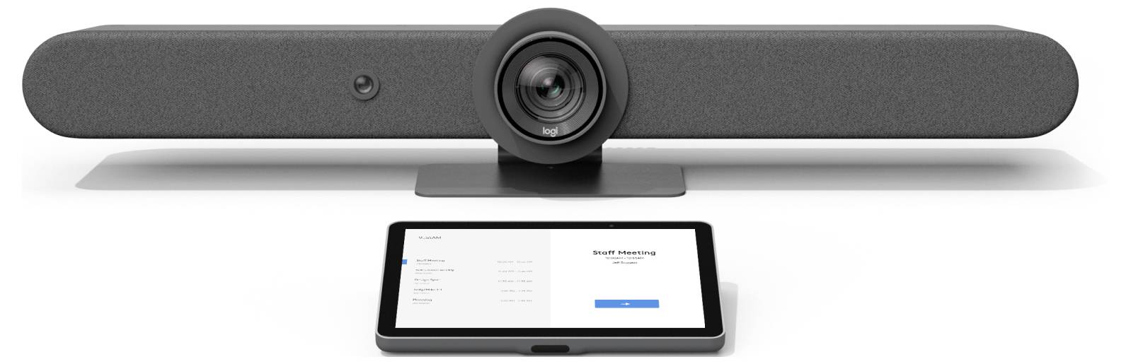 Videokonferenz-Leiste mit integrierter Kamera und Mikrofon über einem Tablet, das auf einem Schreibtisch einen Einrichtungs- oder Steuerungsbildschirm anzeigt.