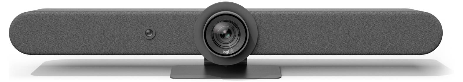 Grauer Videokonferenz-Soundbar mit Kamera, zentriertem Objektiv und langer Sprecherleiste auf einem kleinen Ständer.