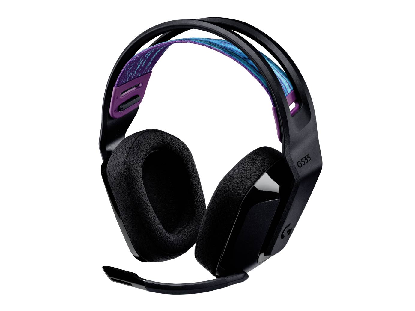 Schwarzes Gaming-Headset mit Overbügel, Boom-Mikrofon und violett-blauen Kopfbügel-Akzenten auf weißem Hintergrund.