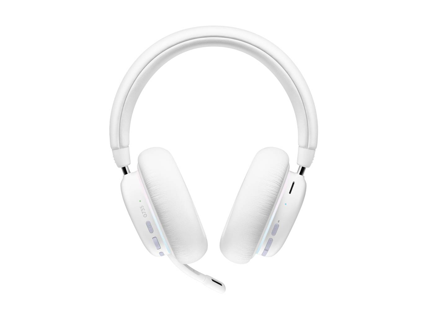 Weiße Over-Ear-Kopfhörer mit integriertem Mikrofon auf einfachem weißem Hintergrund.