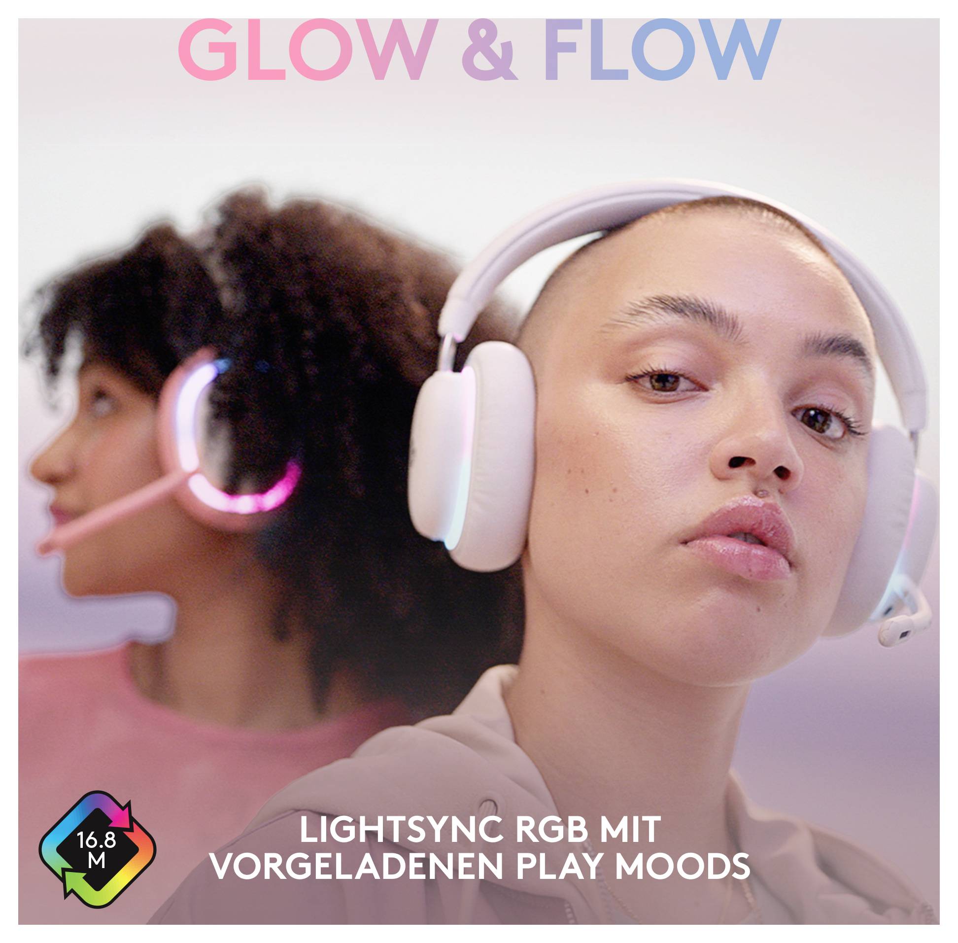 Werbebild von zwei Personen, die Gaming-Headsets tragen, mit dem Text „GLOW & FLOW