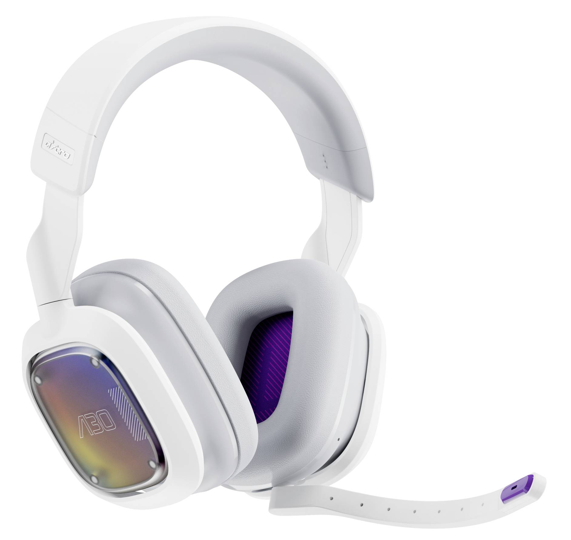 Weiß Over-Ear Gaming-Headset mit lila Akzenten und abnehmbarem Boom-Mikrofon