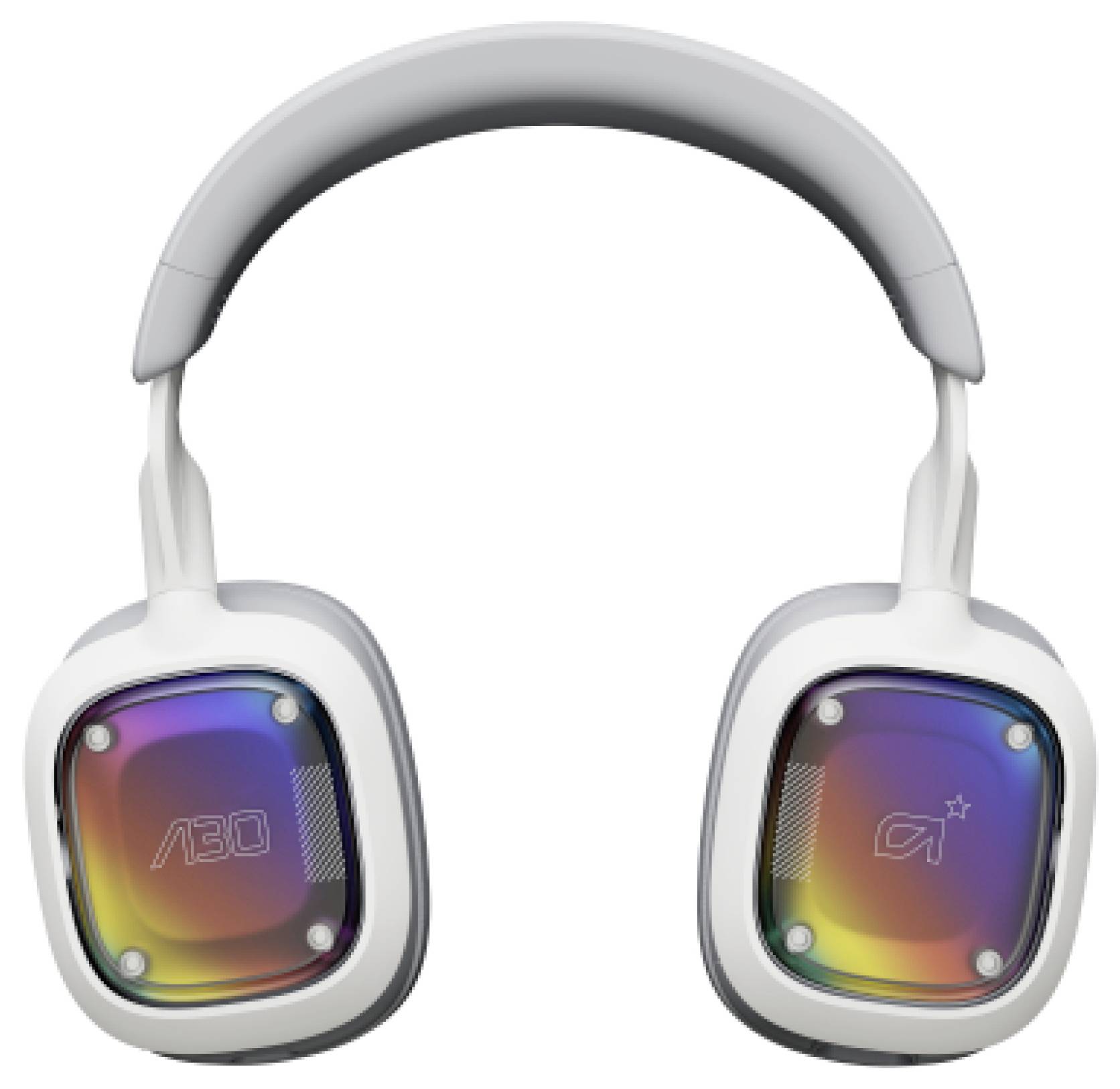 Weiße Over-Ear-Kopfhörer mit quadratischen Ohrmuscheln in Regenbogenfarbverlauf auf einfachem Hintergrund