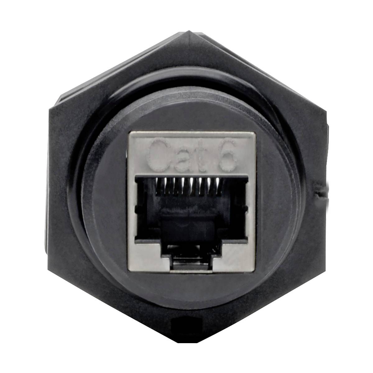 Nahaufnahme einer Cat6-Ethernet-Buchse in einem schwarzen sechseckigen Panelmontage-Stecker.