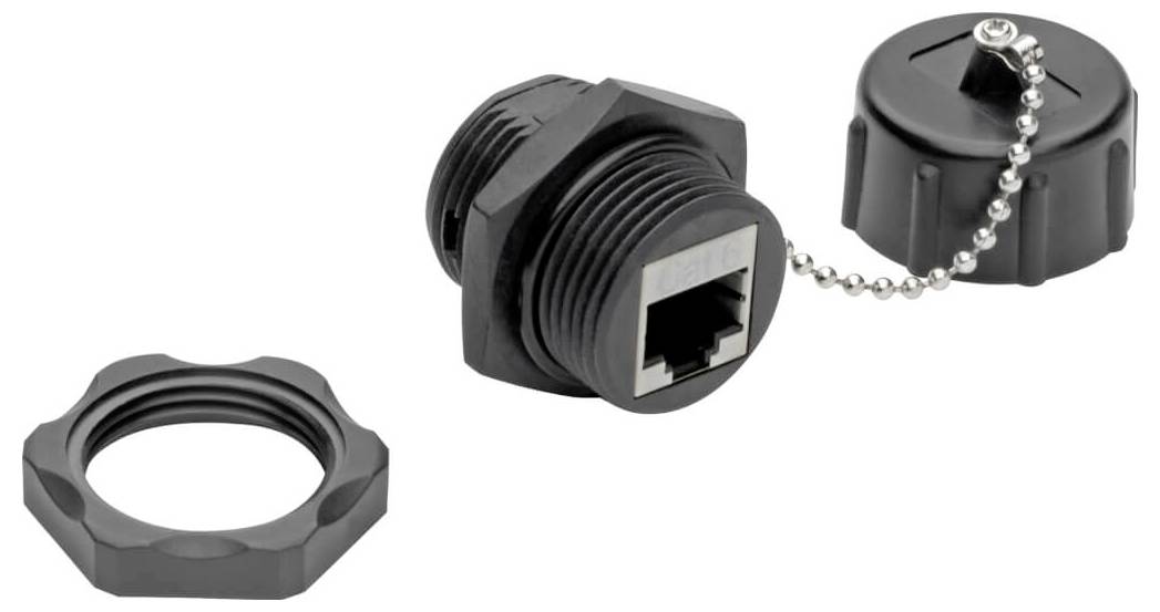 Schwarzer wasserdichter Ethernet-Kabelstecker mit Gewinde-Schutzkappe und Halterungskette sowie einer Sicherungsmutter auf weißem Hintergrund.