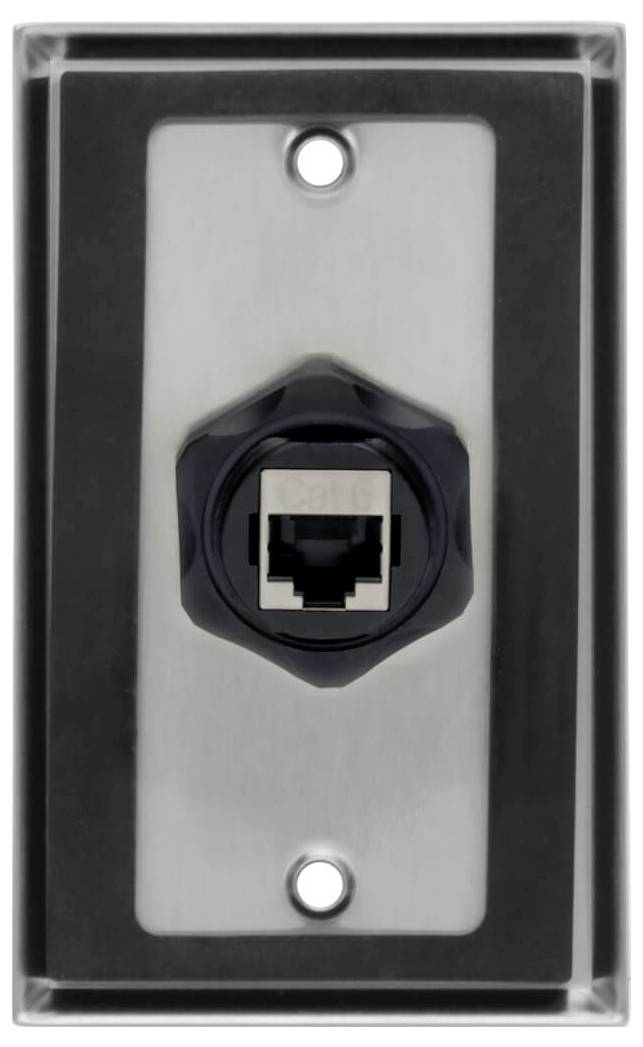 Wandplatte mit einer einzelnen Ethernet-Netzwerkdose, zentriert auf einer gebürsteten Metallfrontplatte.