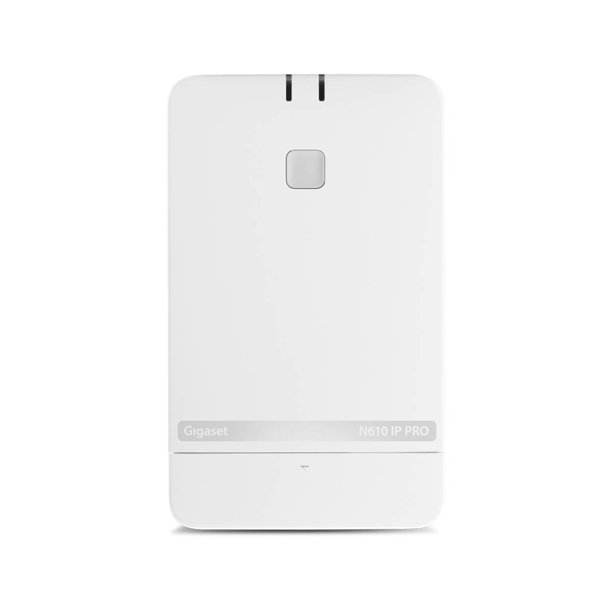 Vorderansicht einer weißen Gigaset N610 IP PRO Wireless-Basisstation mit einem kleinen quadratischen Knopf und Statusanzeigen-Schlitzen in der Nähe der Oberseite.
